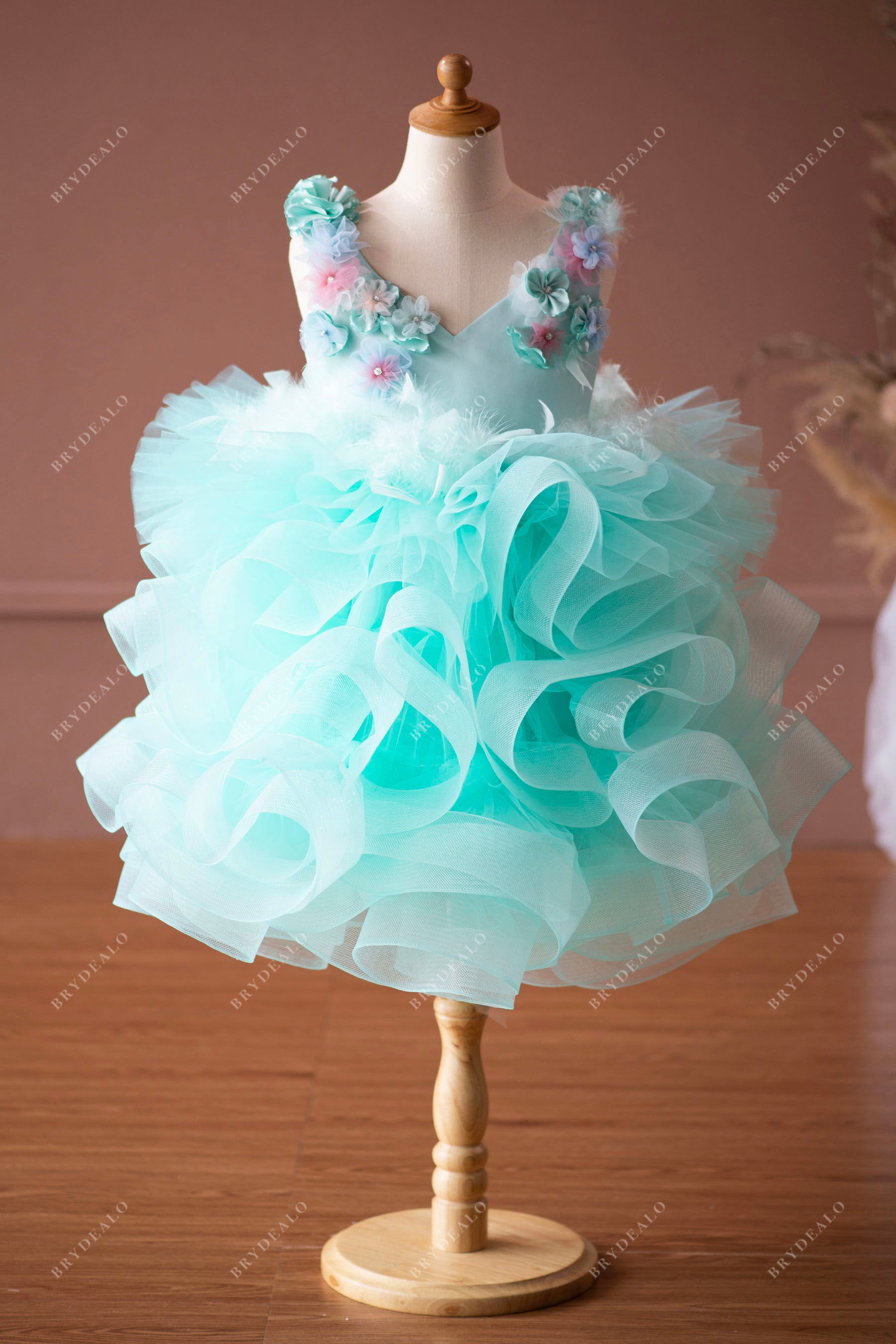 Spa Green Handmade Flower Ruffled Tulle Knee Length Kids Formal Wear