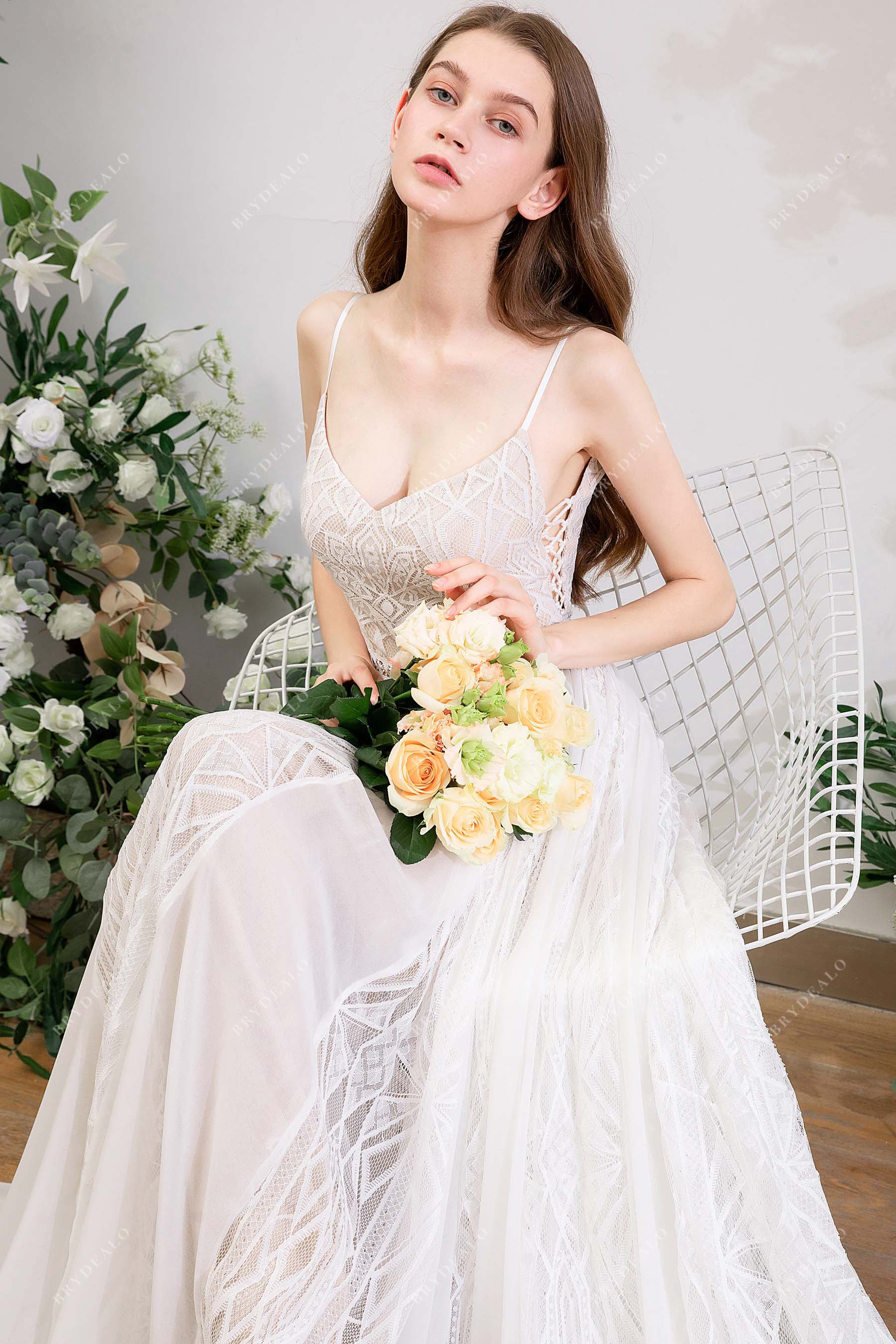 spaghetti straps V-neck bridal dress