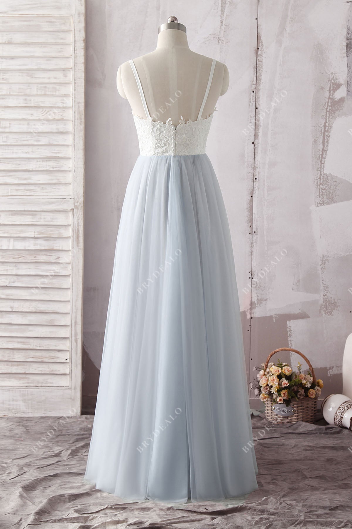 spaghetti straps ivory lace A-line ice blue bridal gown