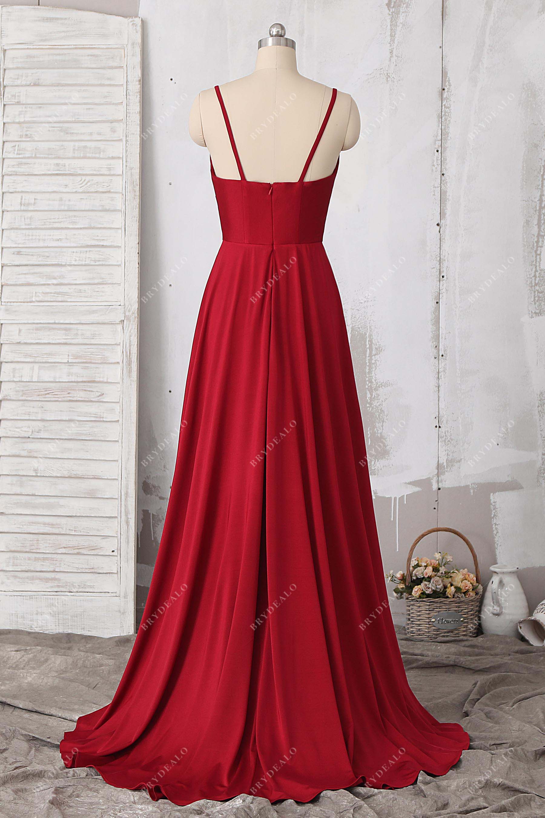 spaghetti straps open back prom gown