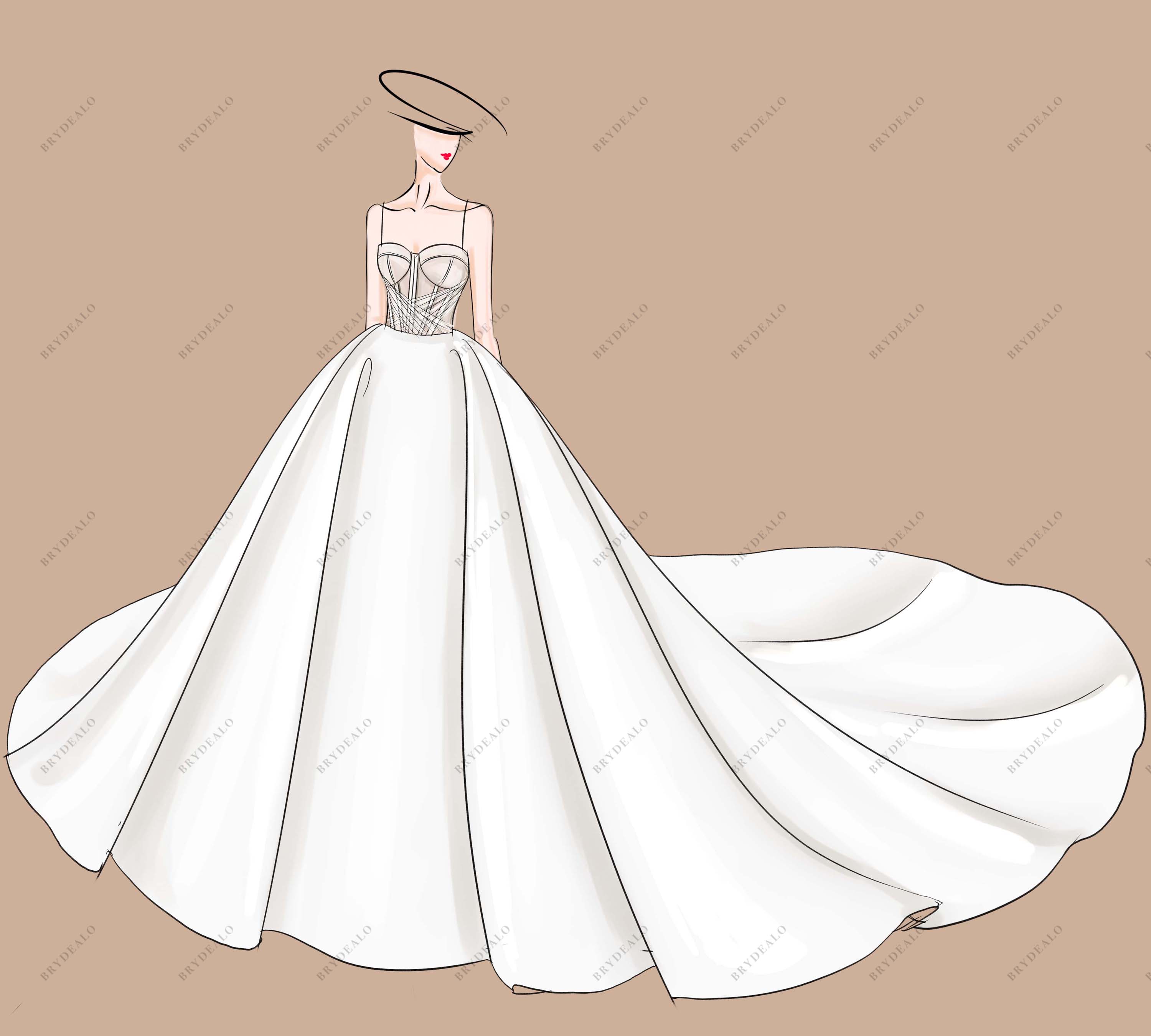 Spaghetti Straps Pleated Corset Wedding Dress Sketch