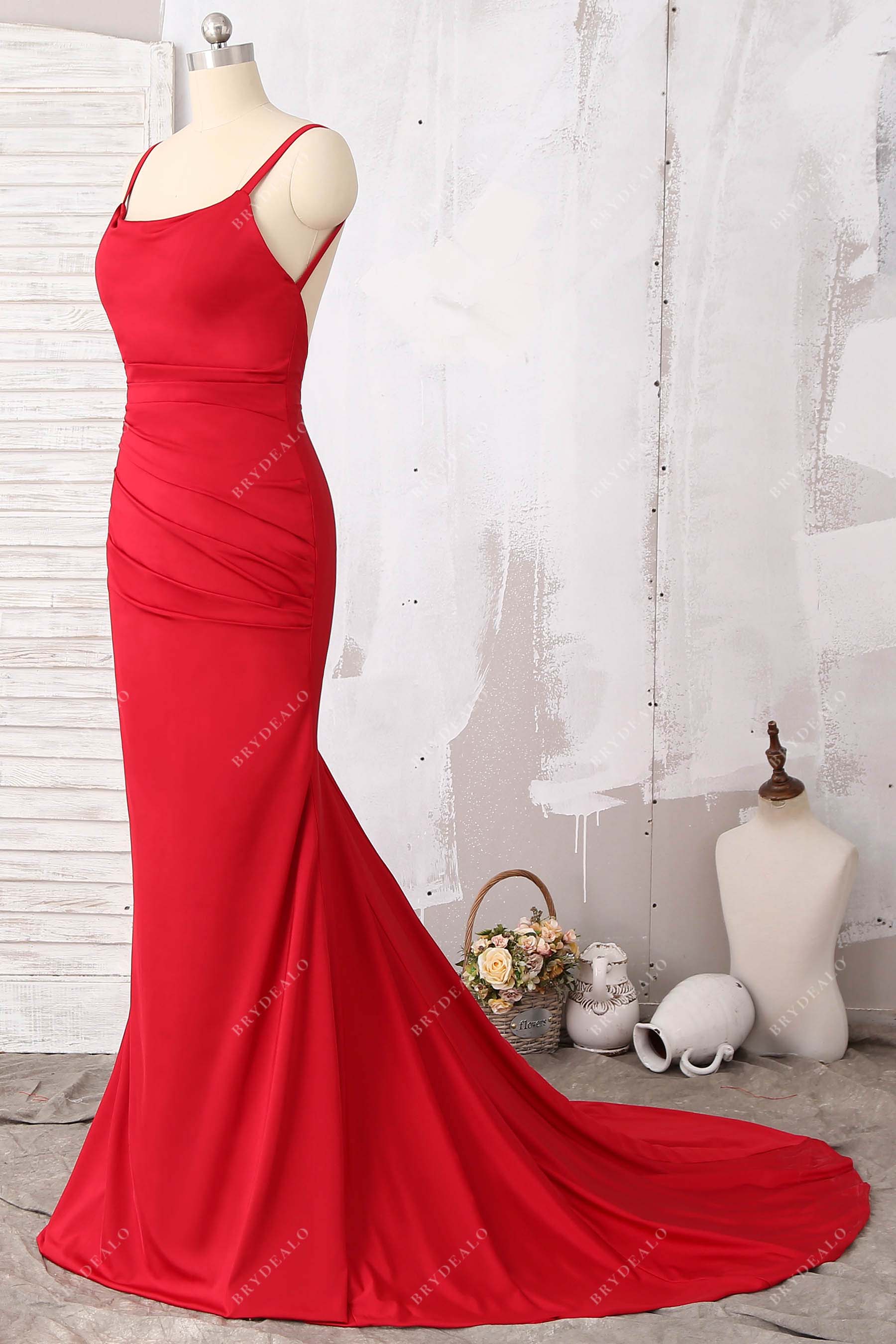 spaghetti straps red mermaid prom gown