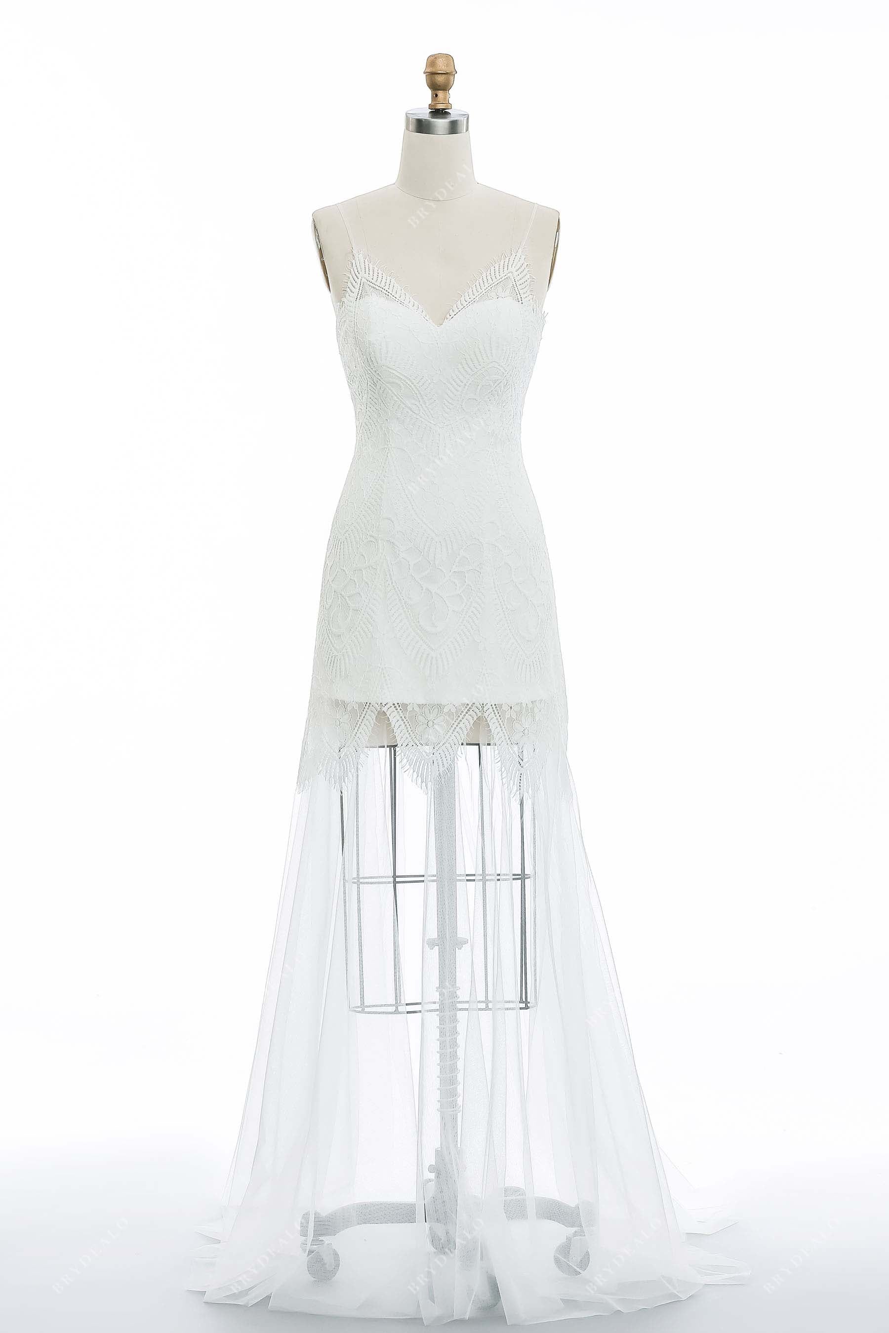 spaghetti straps scalloped V-neck lace bridal dress