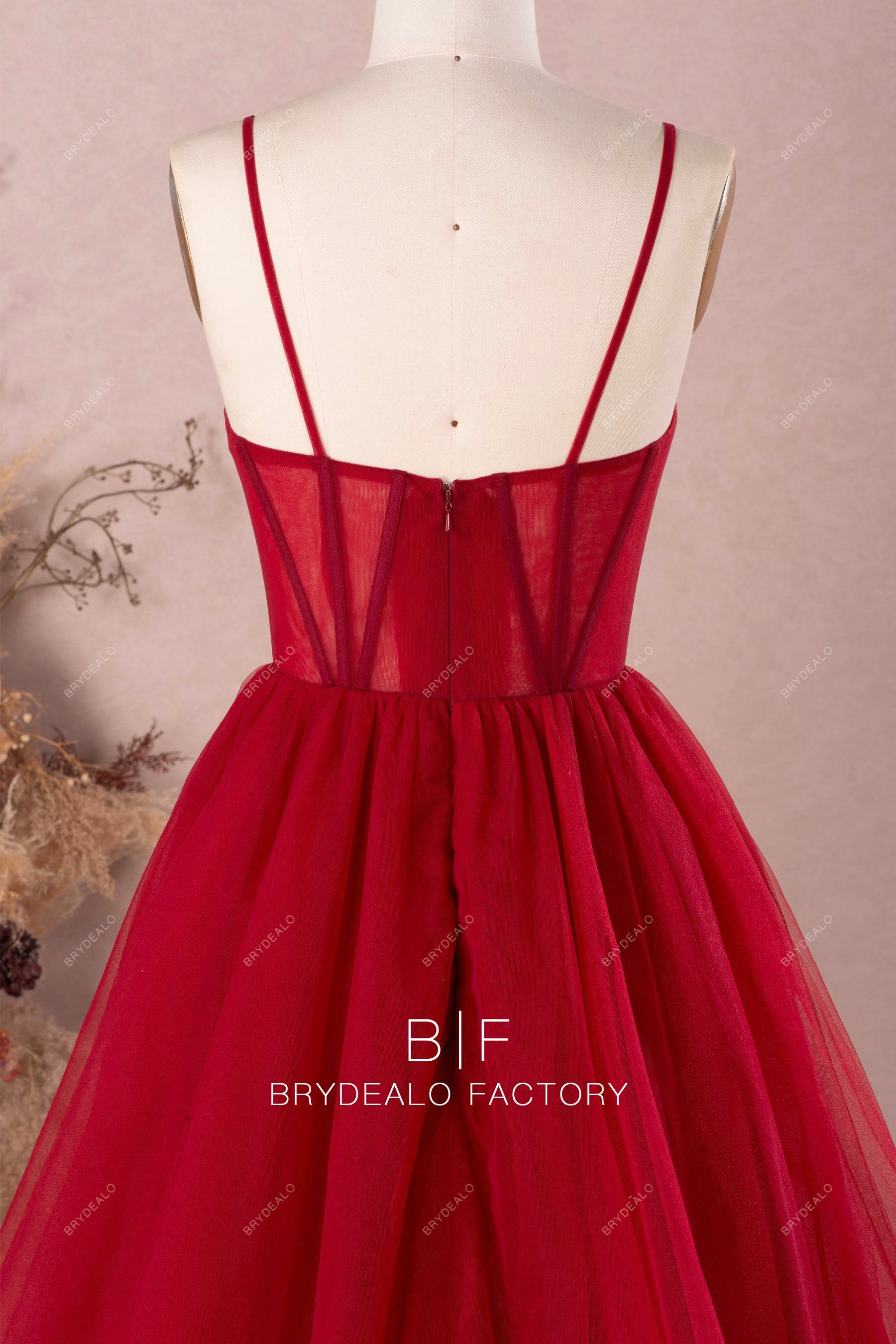 Brydealo Factory Flower Straps Red Tulle Formal Dress with Slit