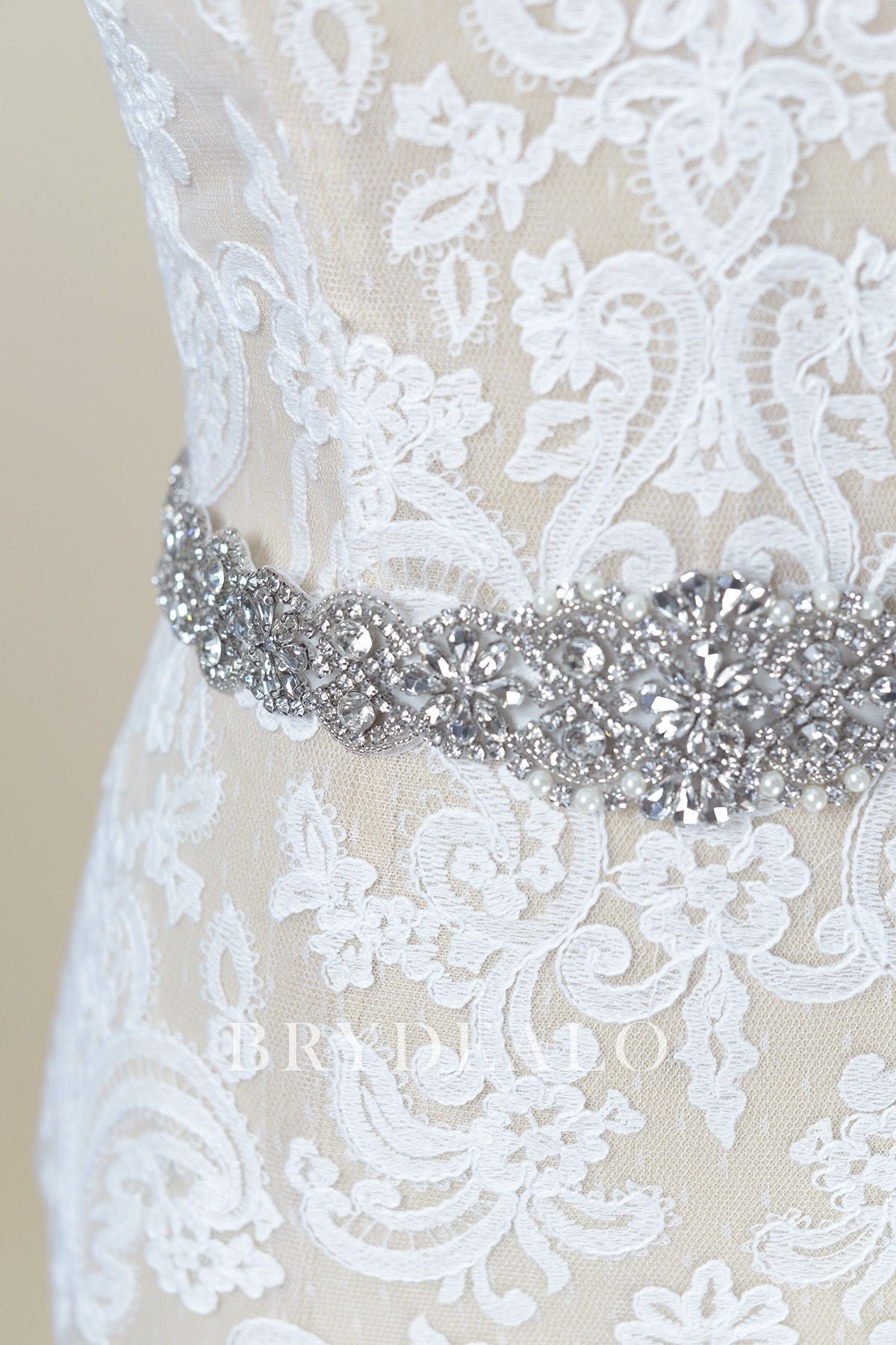 Sparkly Crystals Pearls Satin Bridal Ties Belt for Wholesale