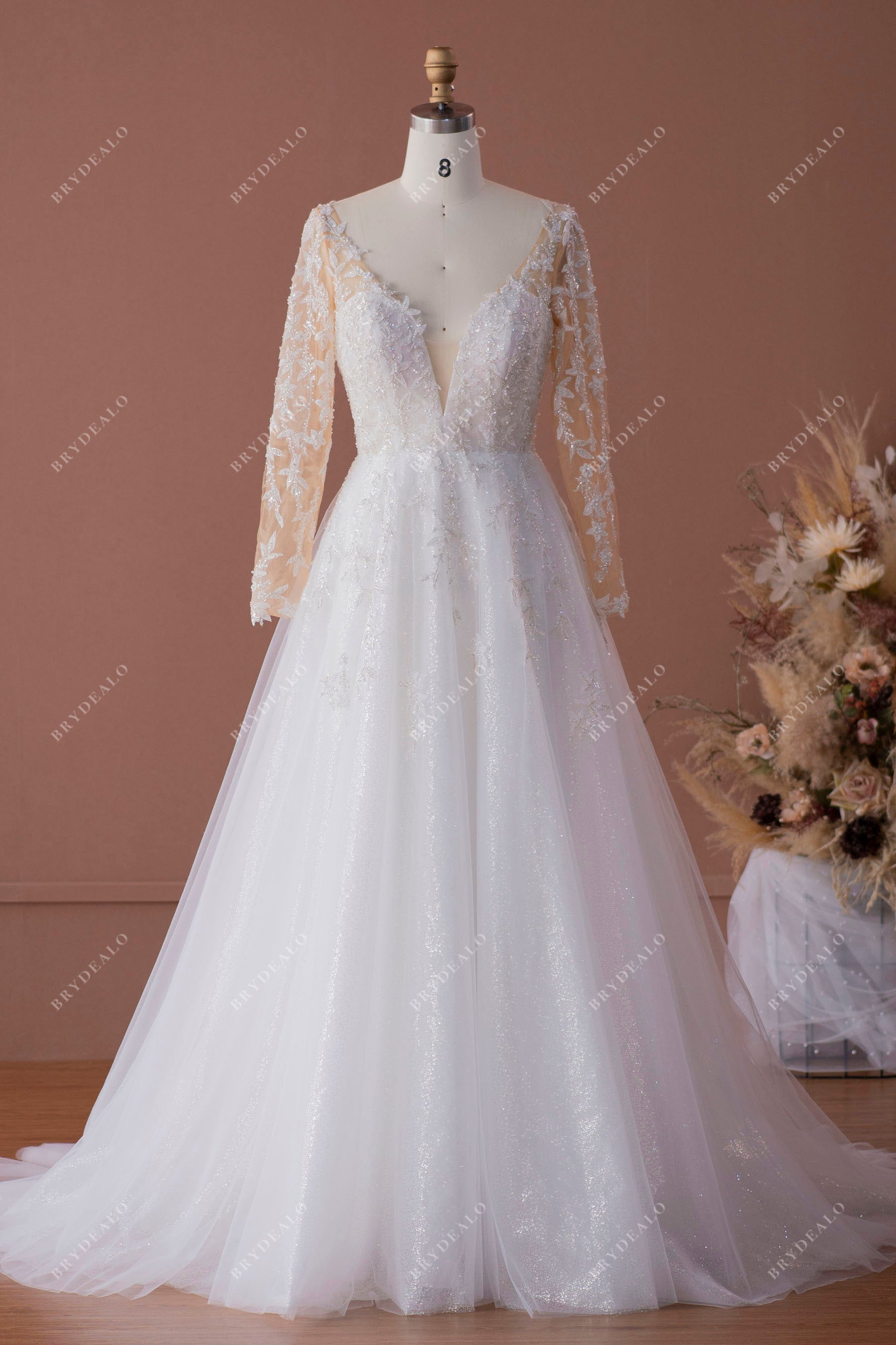 sparkly leaf lace plunging tulle illusion sleeved A-line wedding dress sample