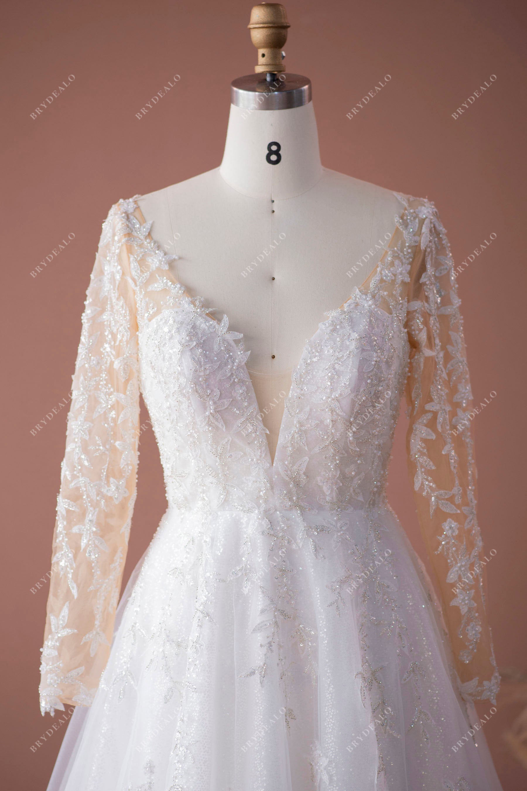 sparkly leaf lace tulle illusion sleeved plunging V neckline wedding dress sample