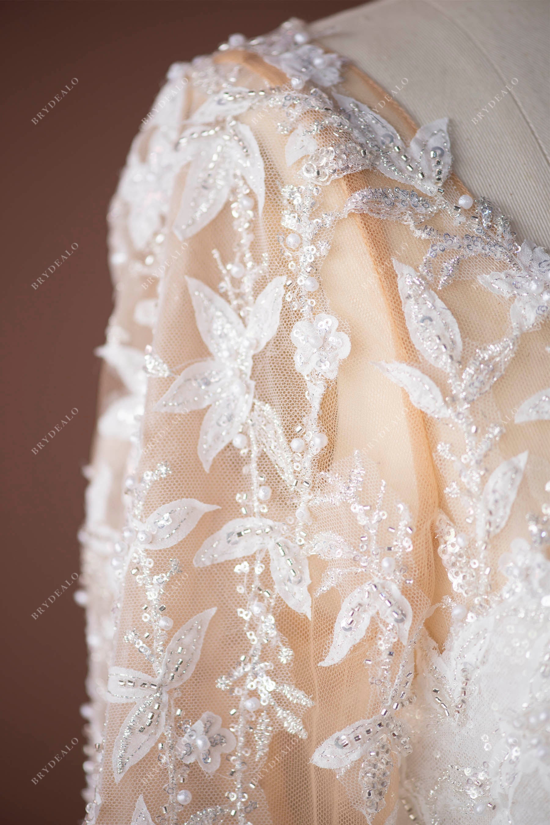 sparkly leaf lace tulle illusion sleeved wedding dress sample for wholesale