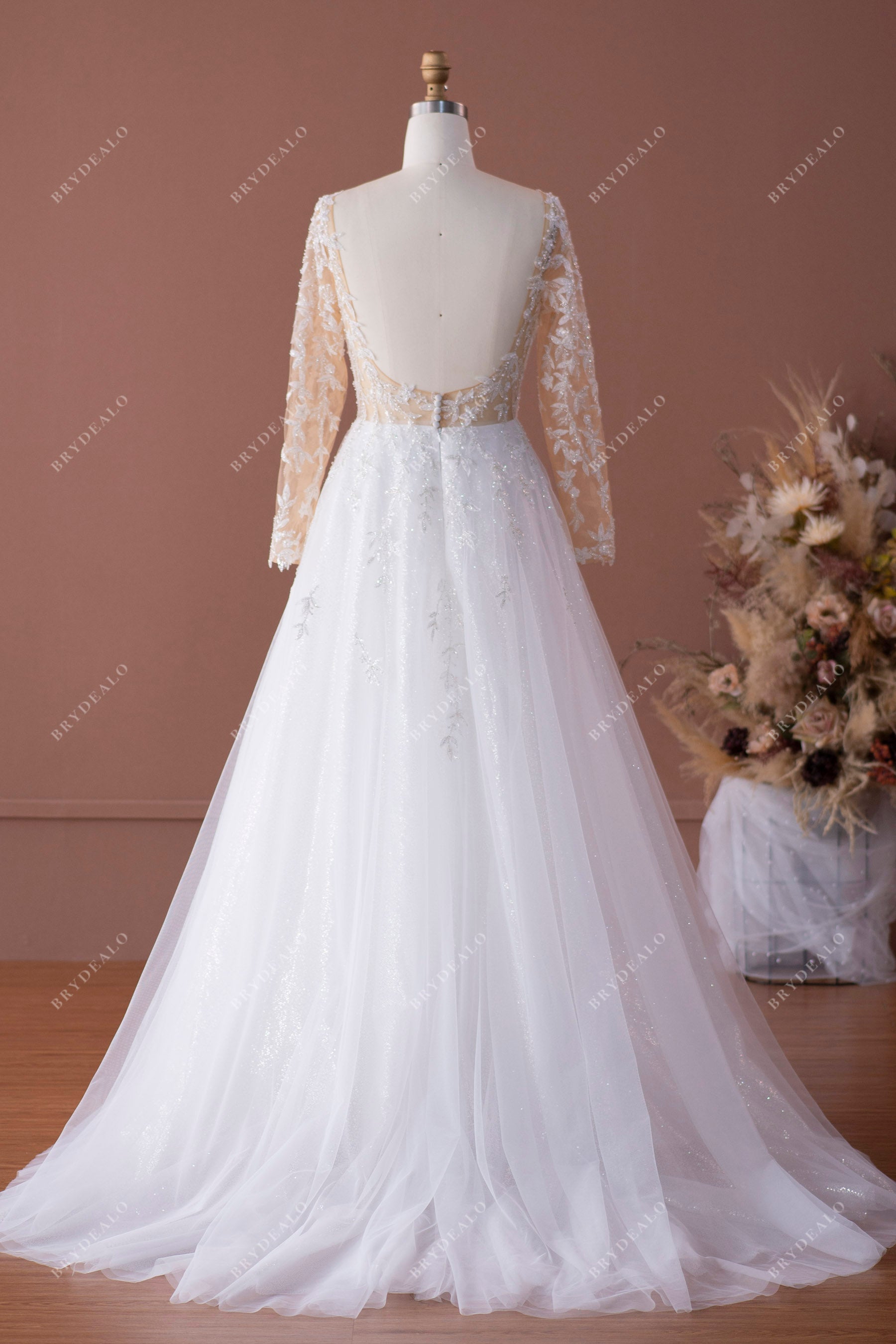 open back leaf lace tulle sleeved long A-line bridal gown
