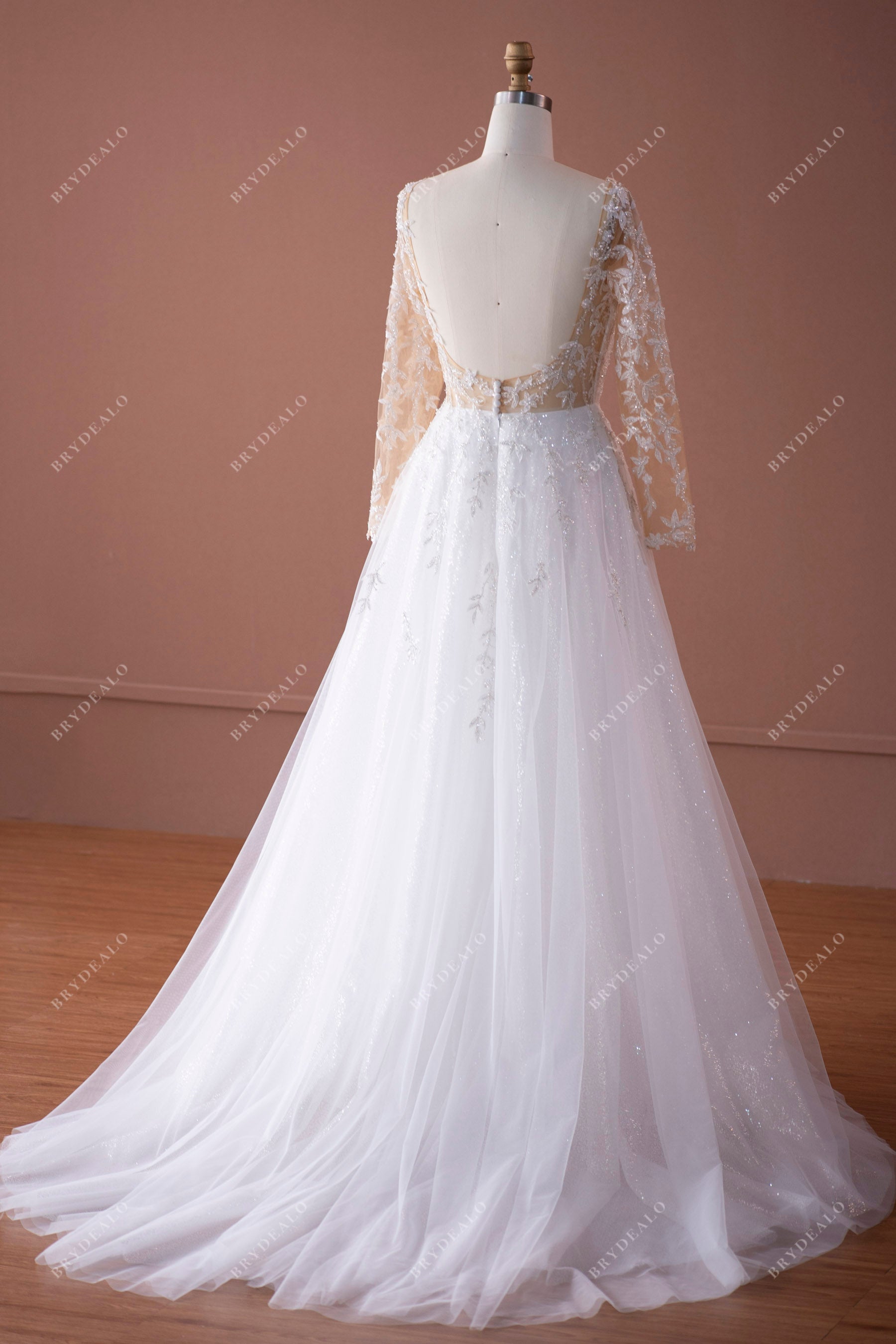 sparkly leaf lace open back tulle illusion sleeved A-line wedding dress sample