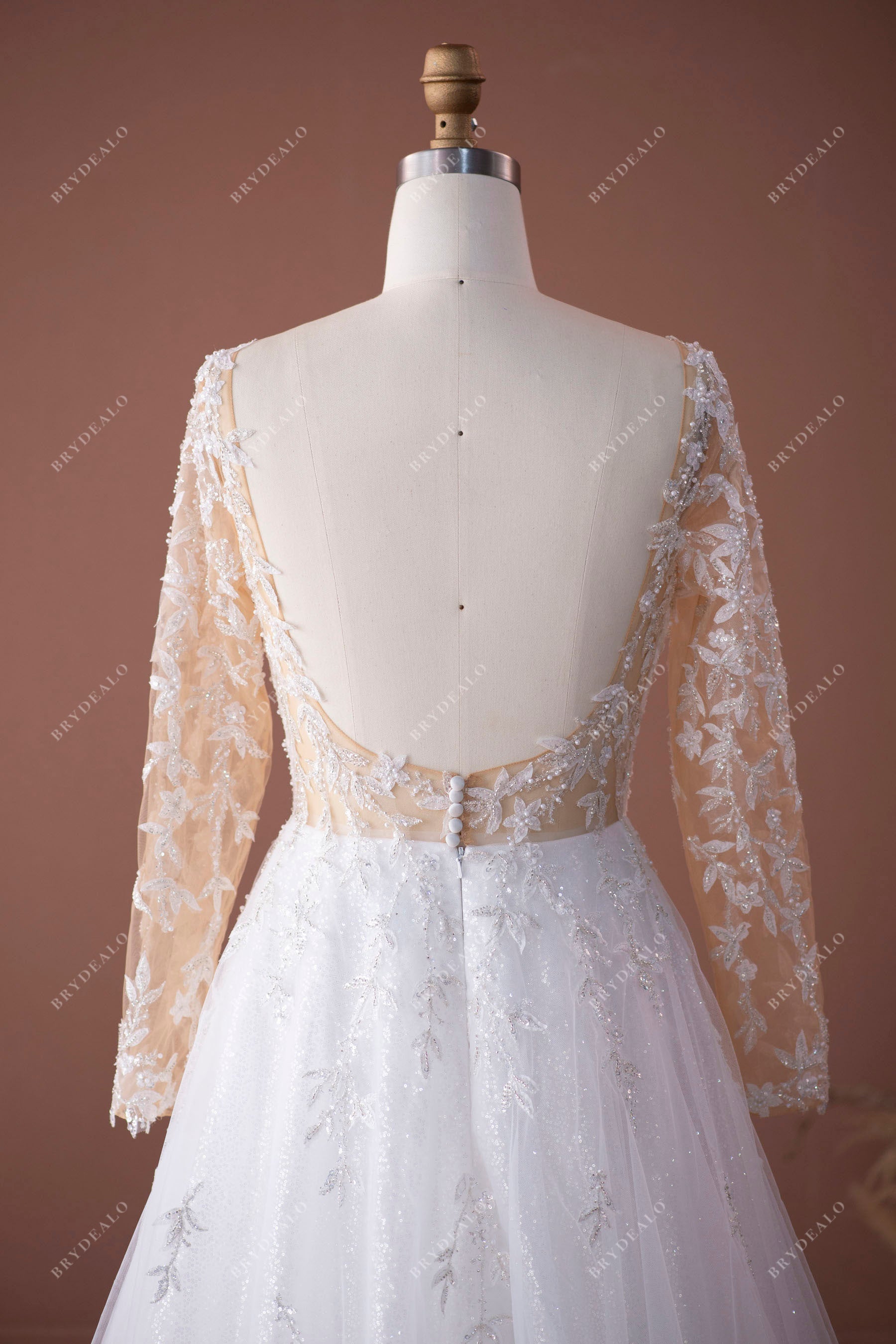 open back sparkly leaf lace tulle shimmery A-line bridal dress sample