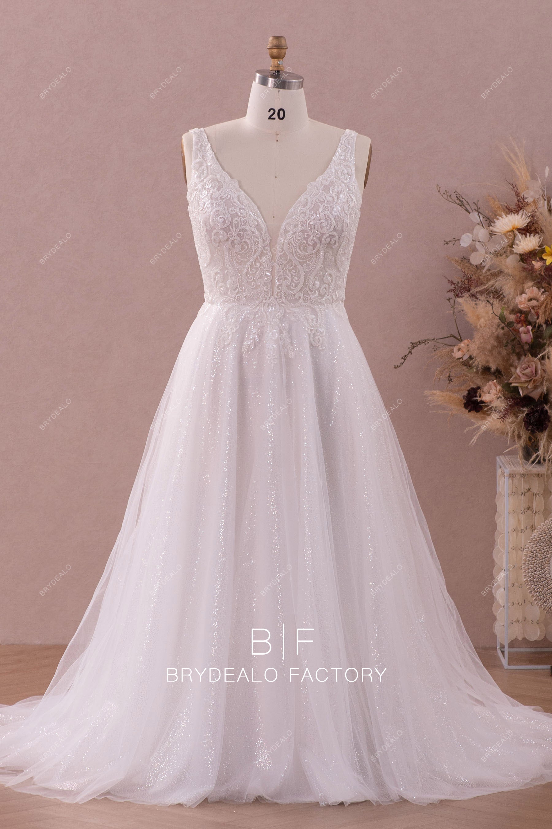 sparkly plunging Aline tulle wedding dress