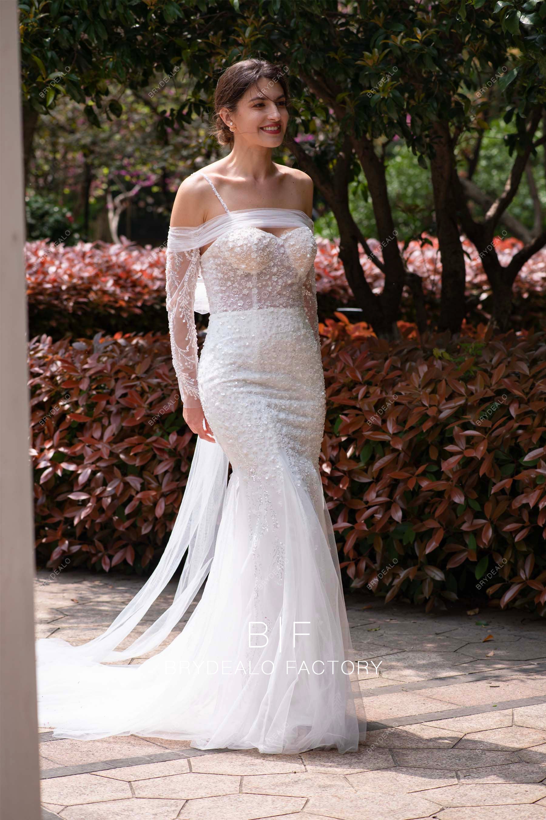 sequin mermaid wedding dress Ivory Lace Mermaid Style Wedding Gown with Cape Sequin Wedding Dress with Sleeveless and Corset Plus Size GABRIELLE Size 0