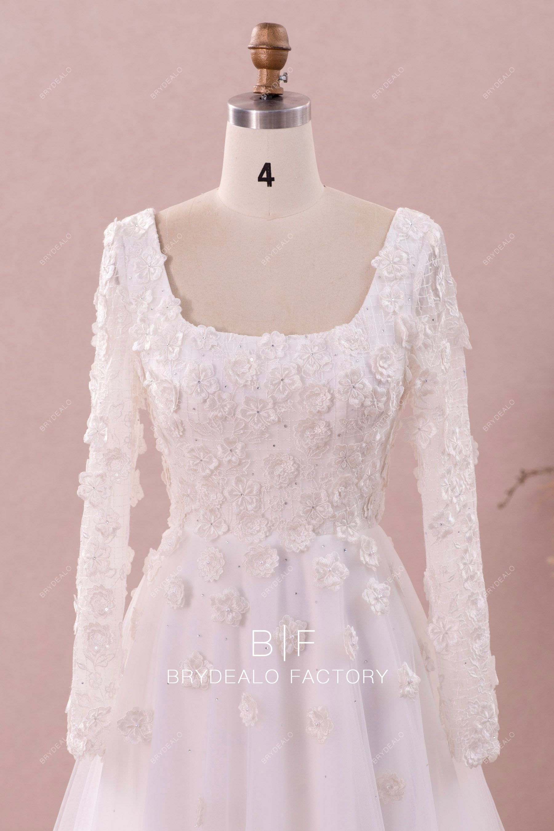 square neck long sleeve flower wedding dress