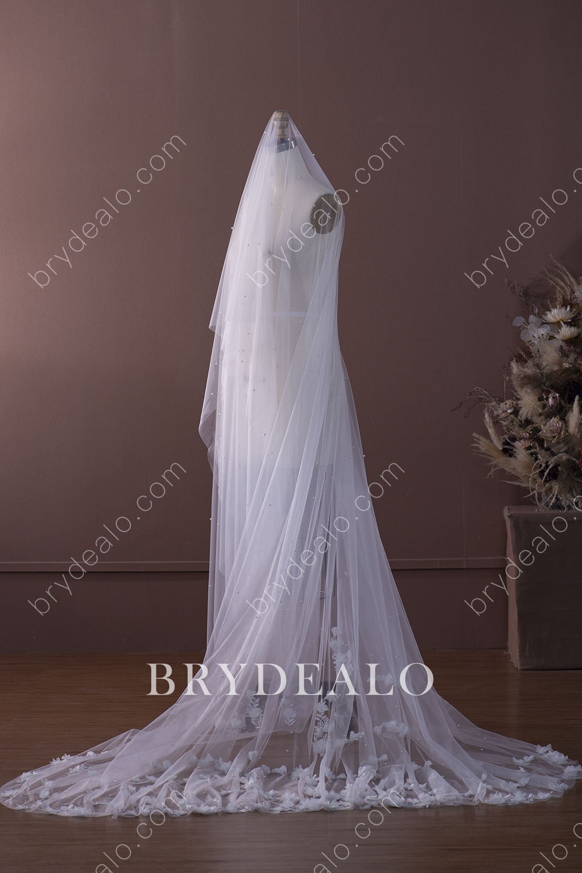 Pearls 3D Flowers Cathedral Length Bridal Veil