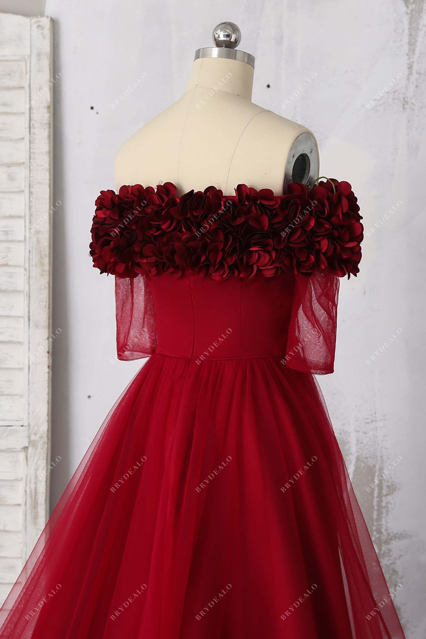 straight across neck 3D petals A-line prom dress