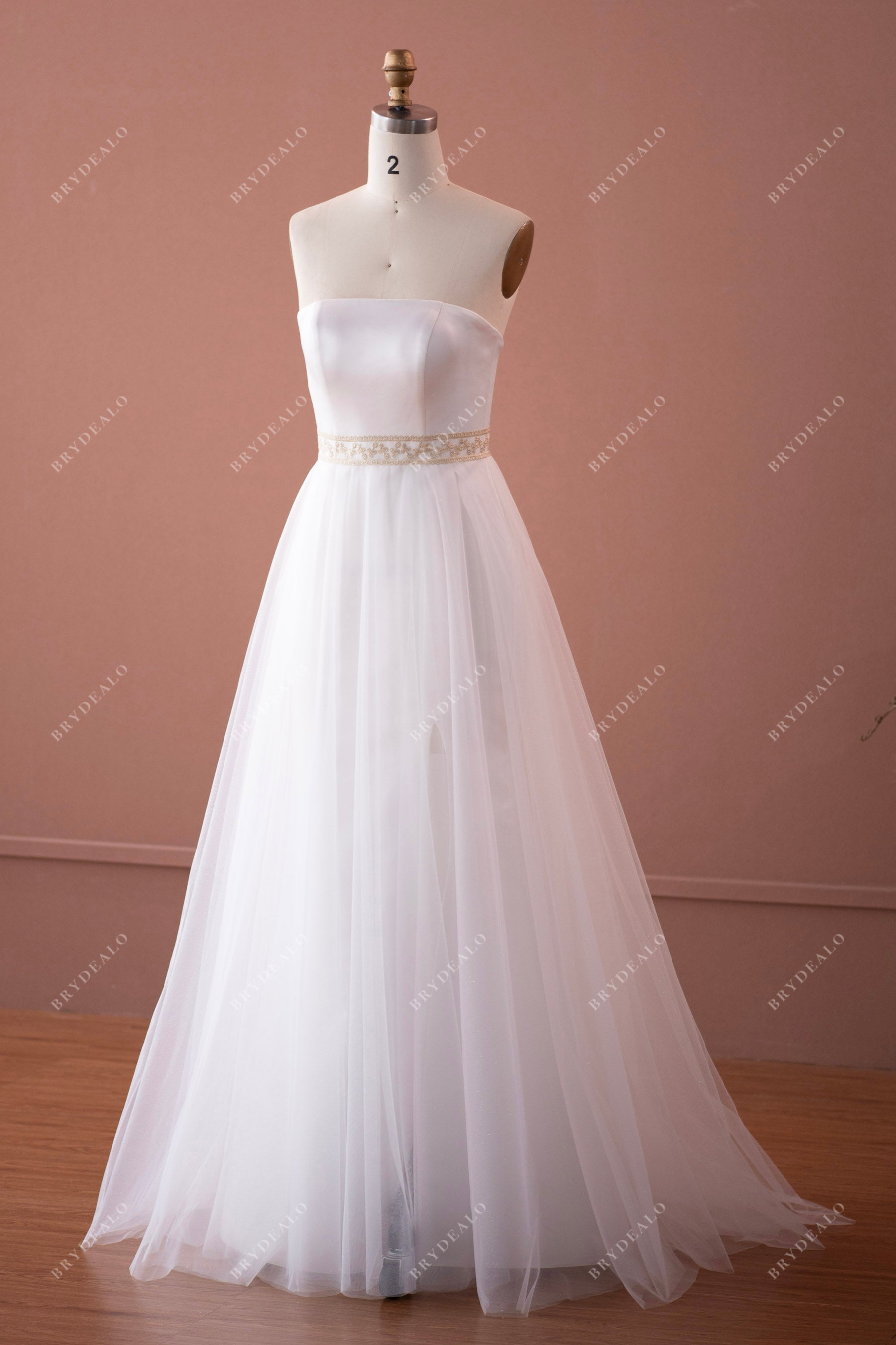 straight across neck satin tulle A-line long bridal dress