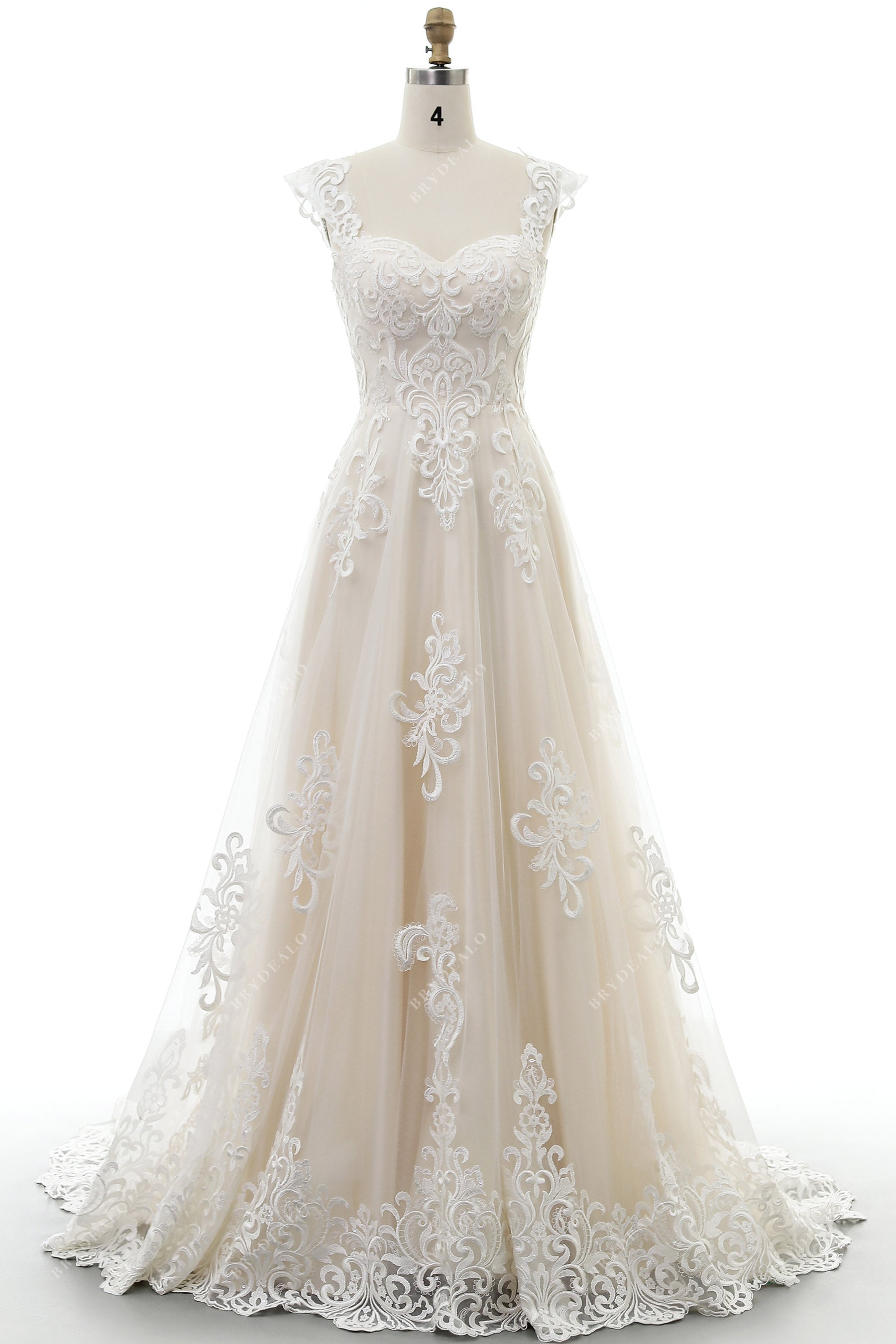 appliqued A-line wedding gown