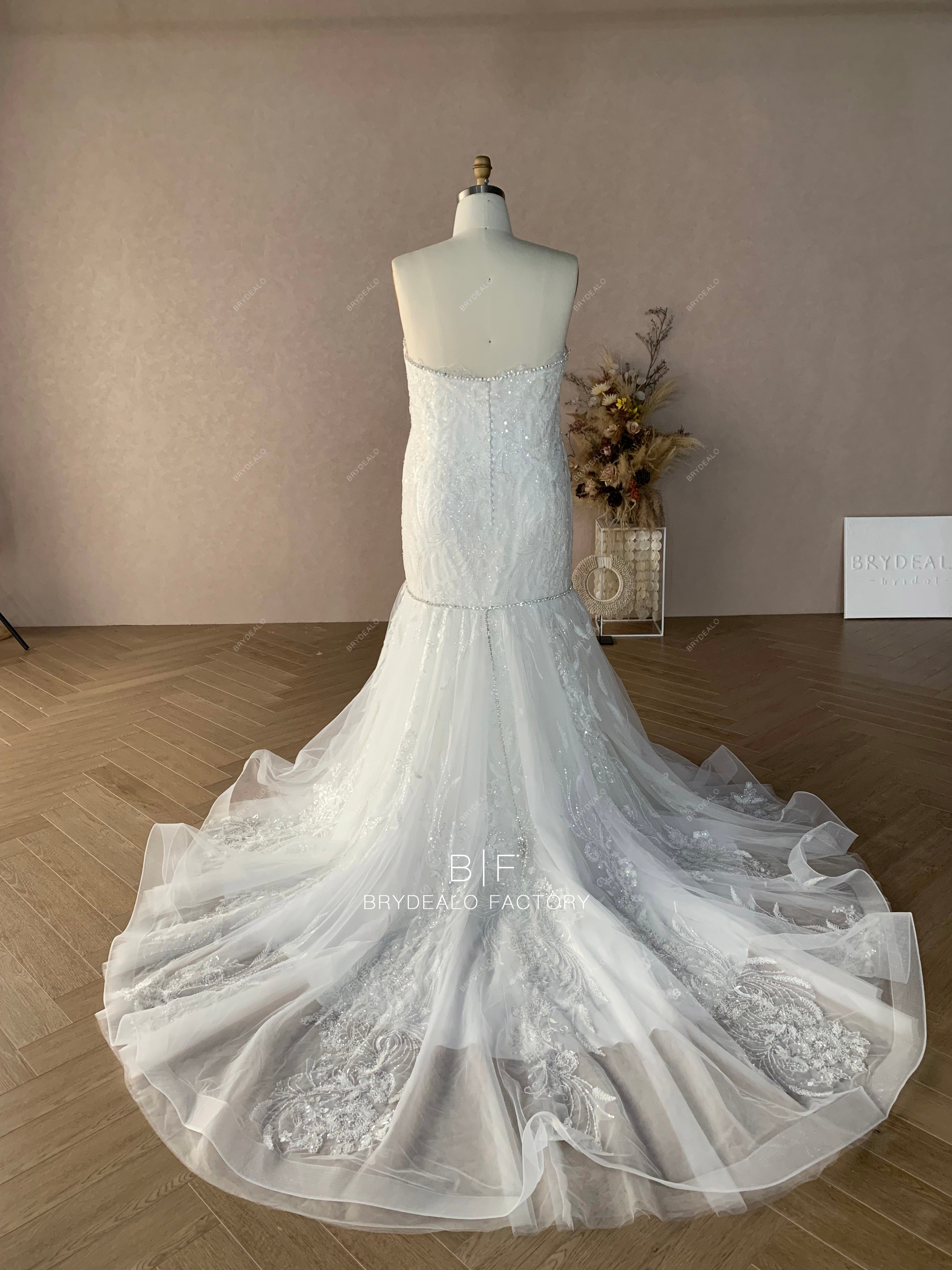 strapless beaded lace chapel train wedding dress