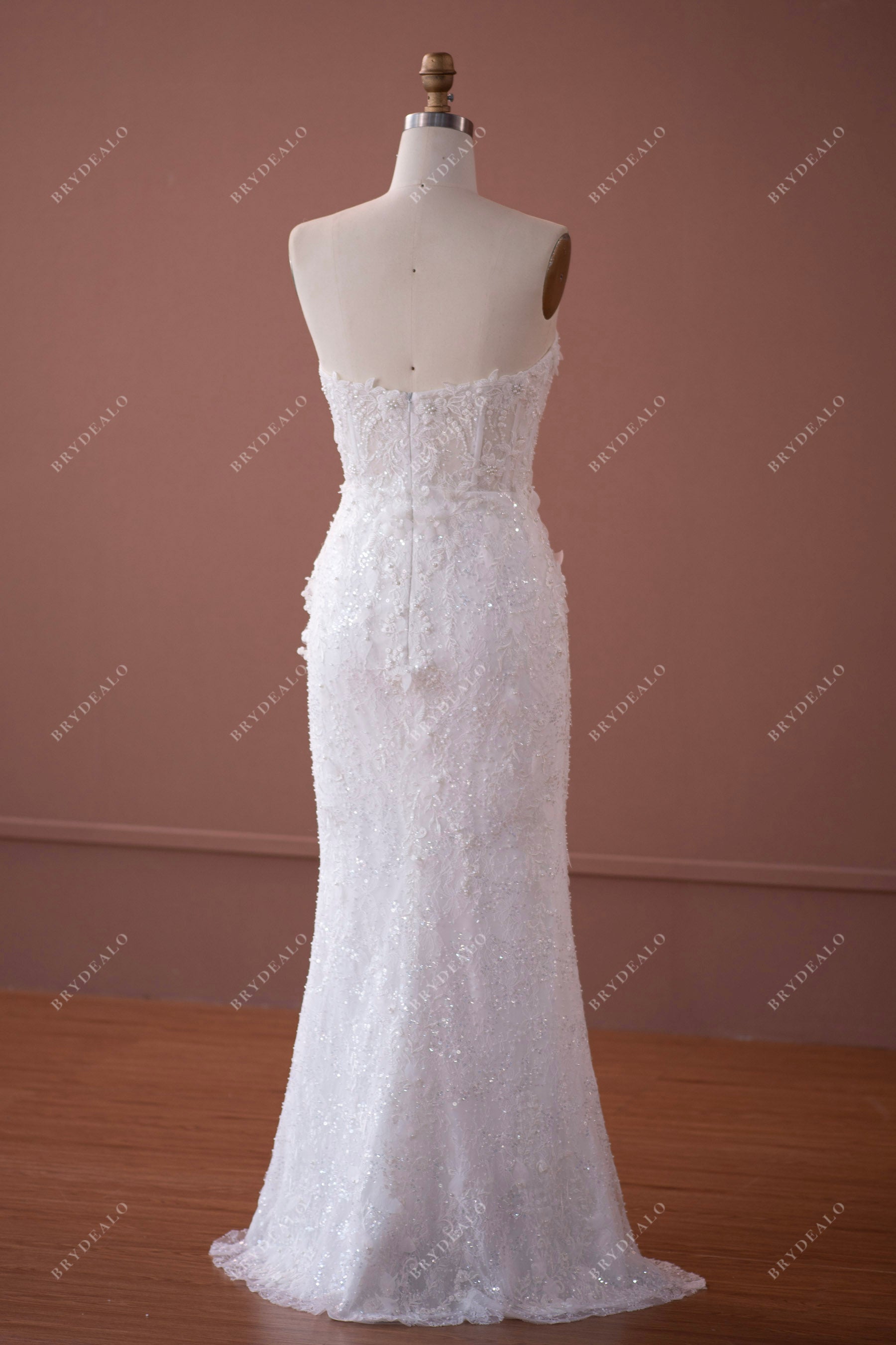 strapless beaded lace sweep train wedding dress