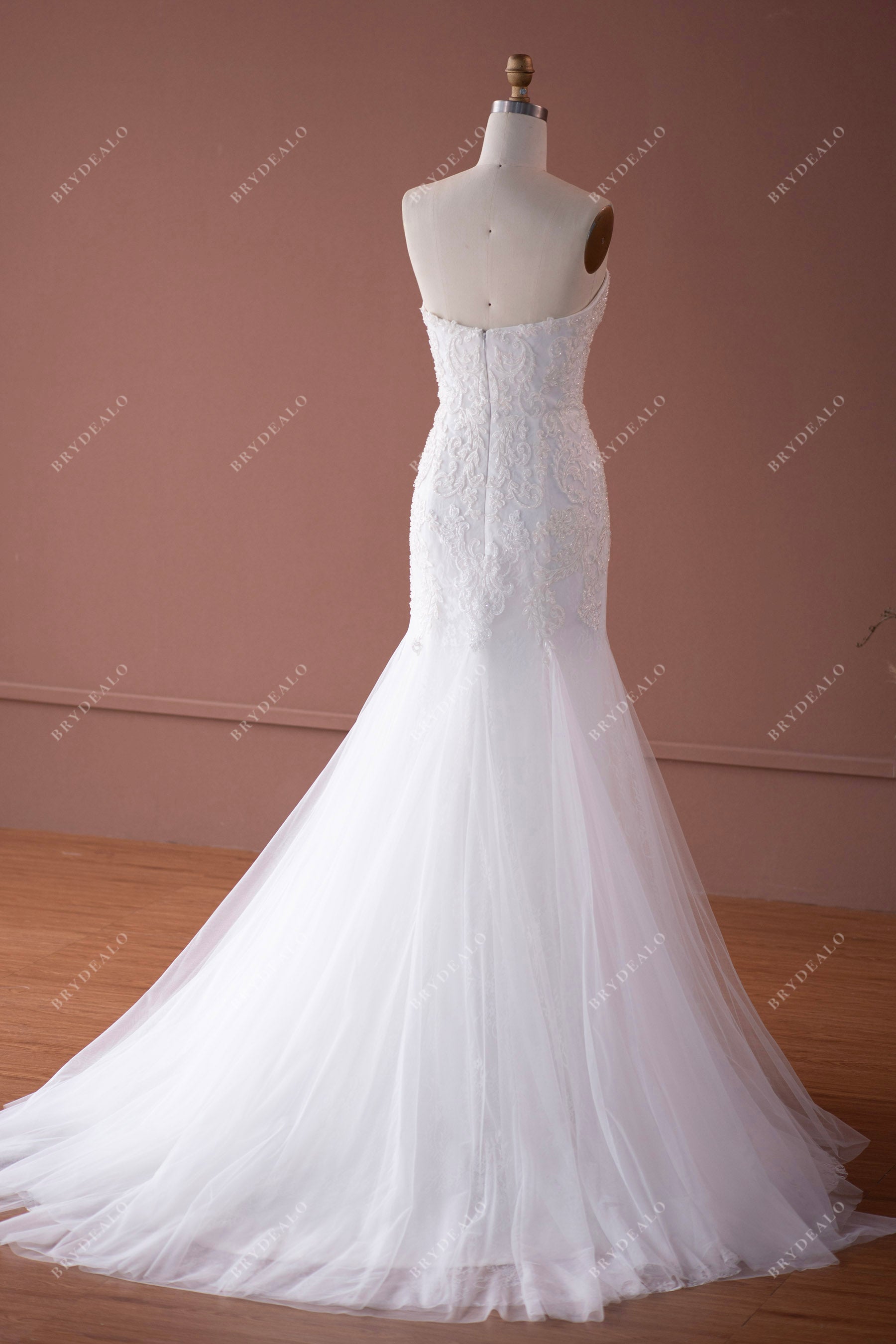 strapless beaded lace tulle mermaid wedding dress