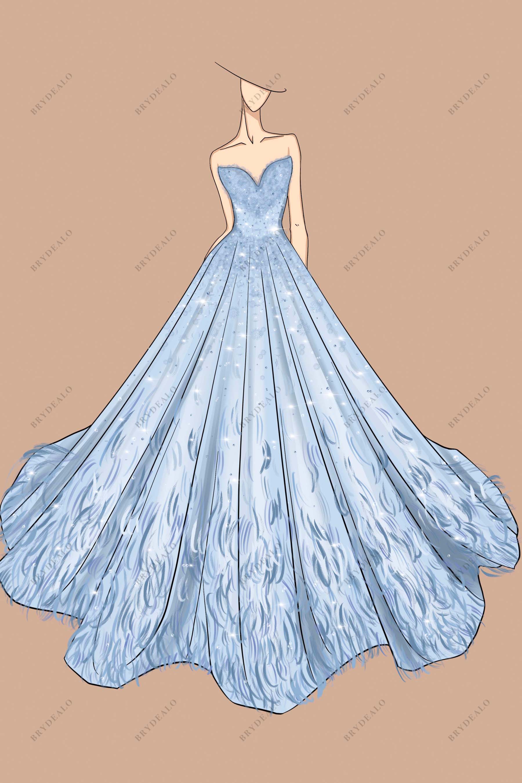 Sky Blue Designer Strapless Lace Feathers Wedding Ball Gown Sketch