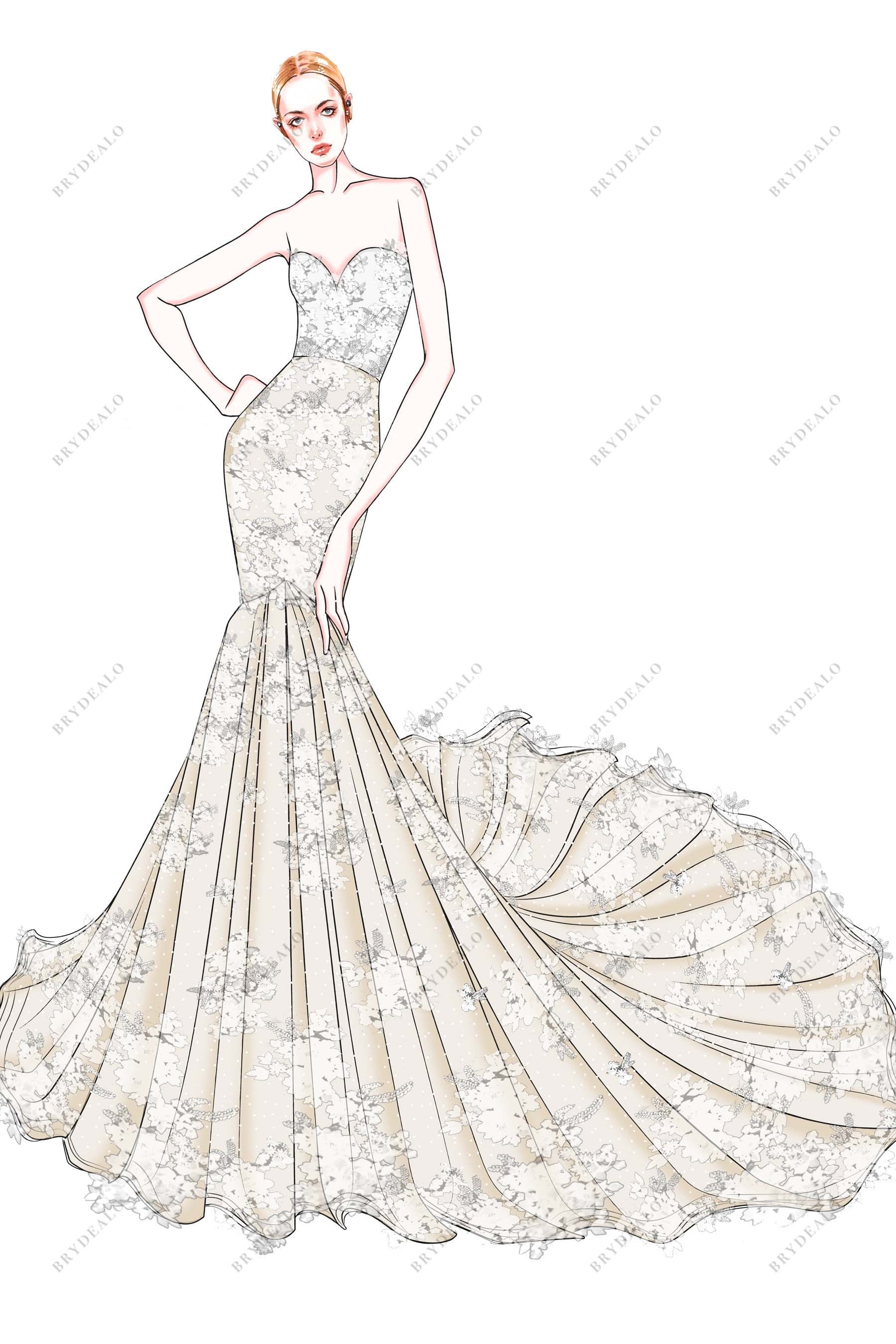 Strapless Ivory Lace Champagne Mermaid Designer Wedding Dress Sketch