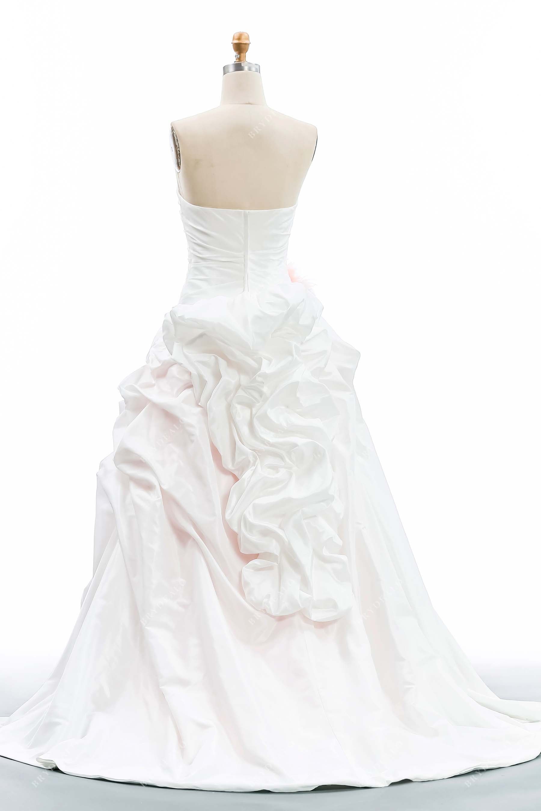 strapless ivory taffeta low back long pick-up bridal dress