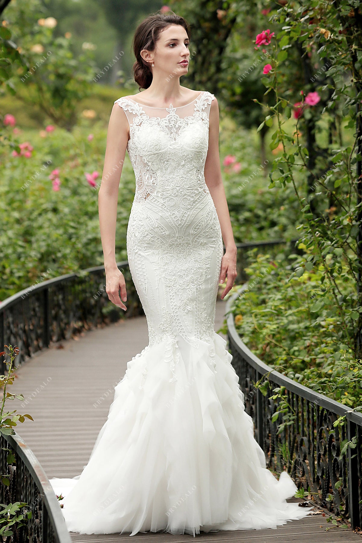 Illusion Neck Lace Tulle Flounced Mermaid Bridal Gown 9467