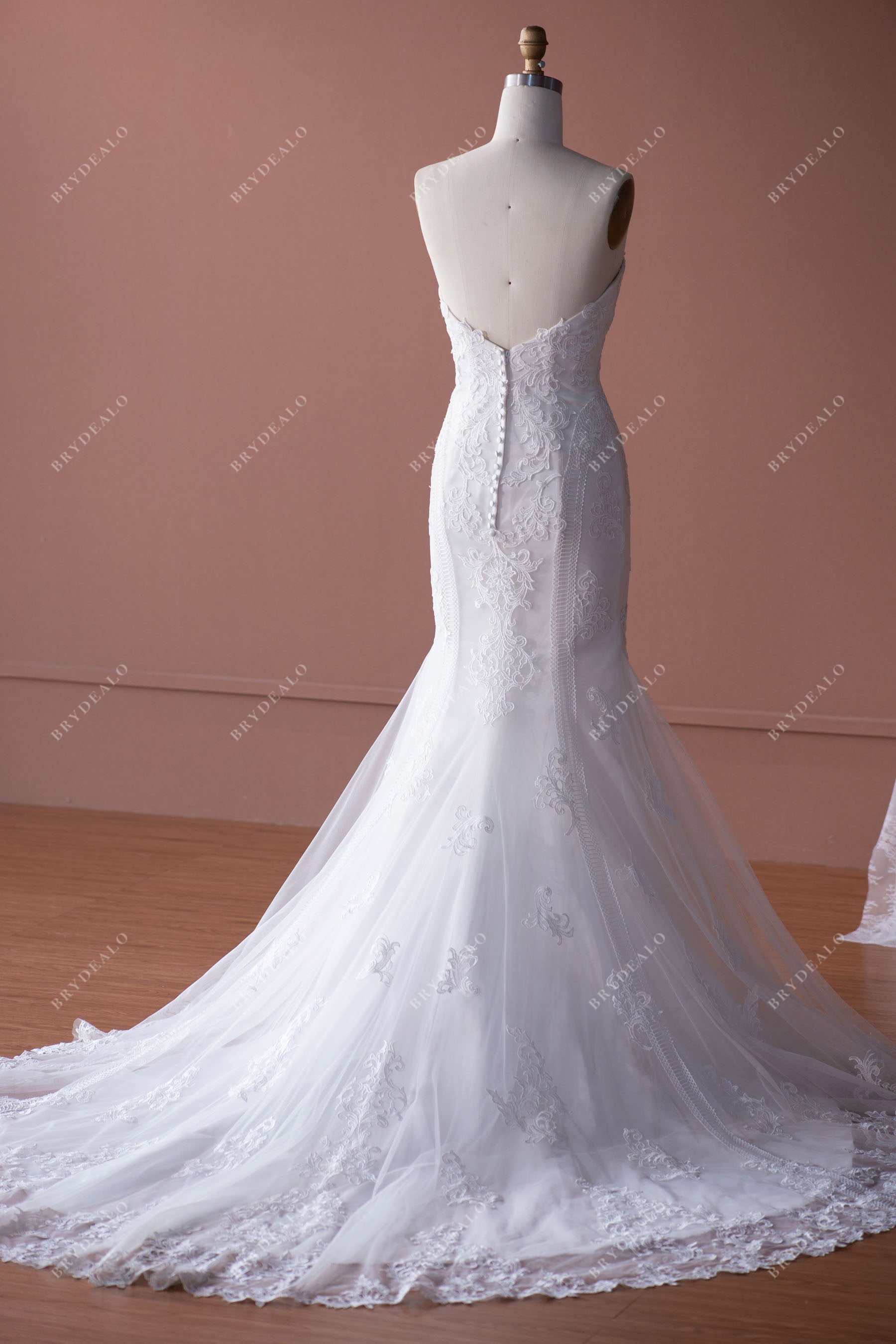 strapless lace low back mermaid wedding dress with long train for wholesale 