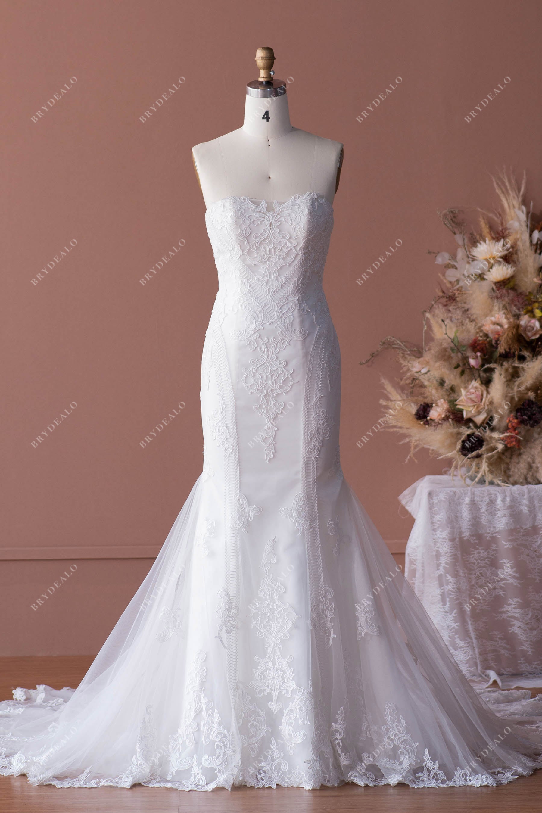 strapless straight across lace mermaid sample sale wedding dress