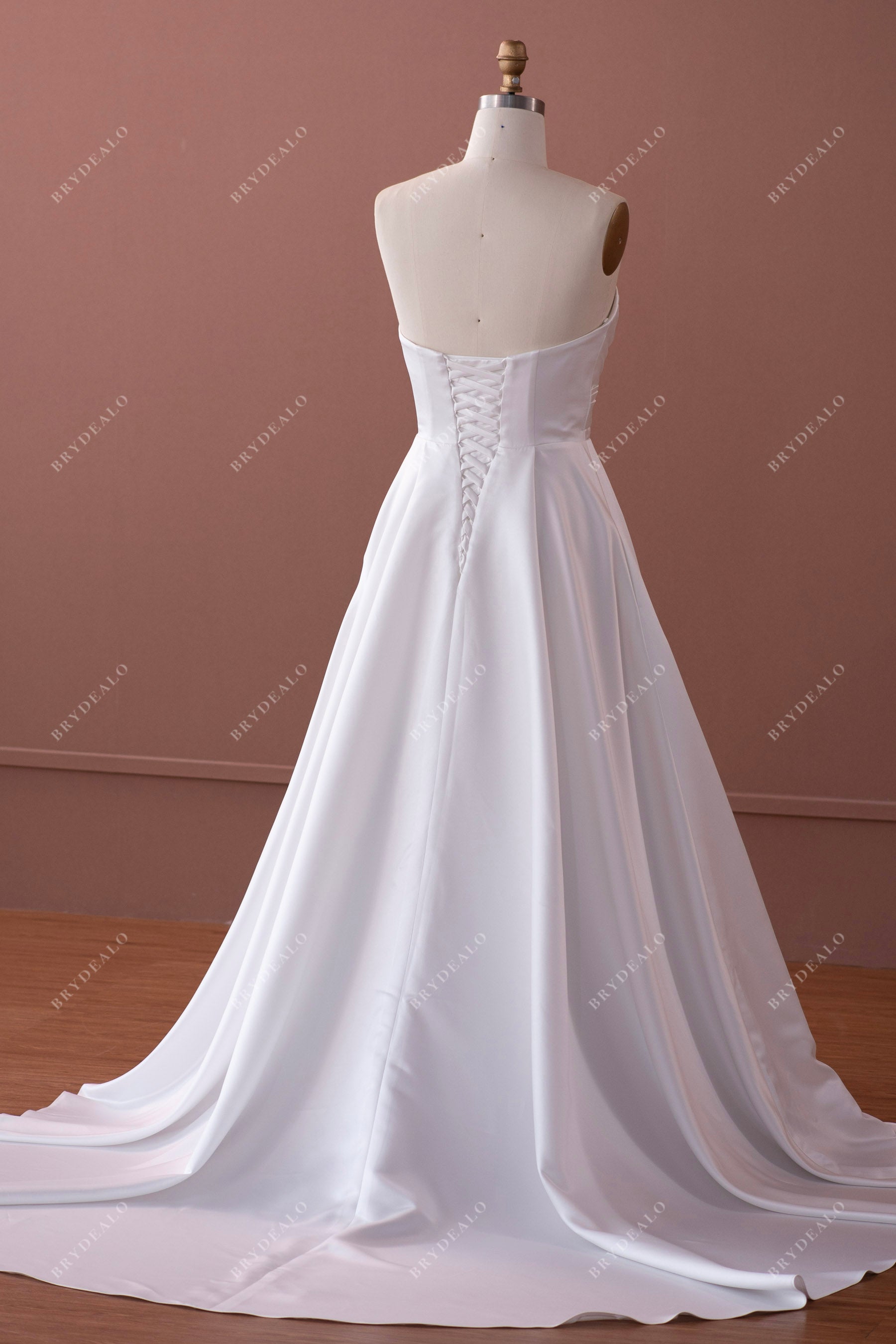 strapless lace up back satin long wedding dress