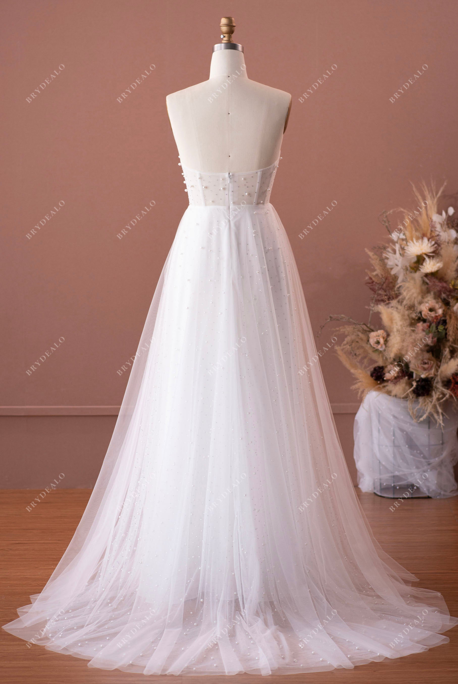 strapless pearl A-line wedding dress