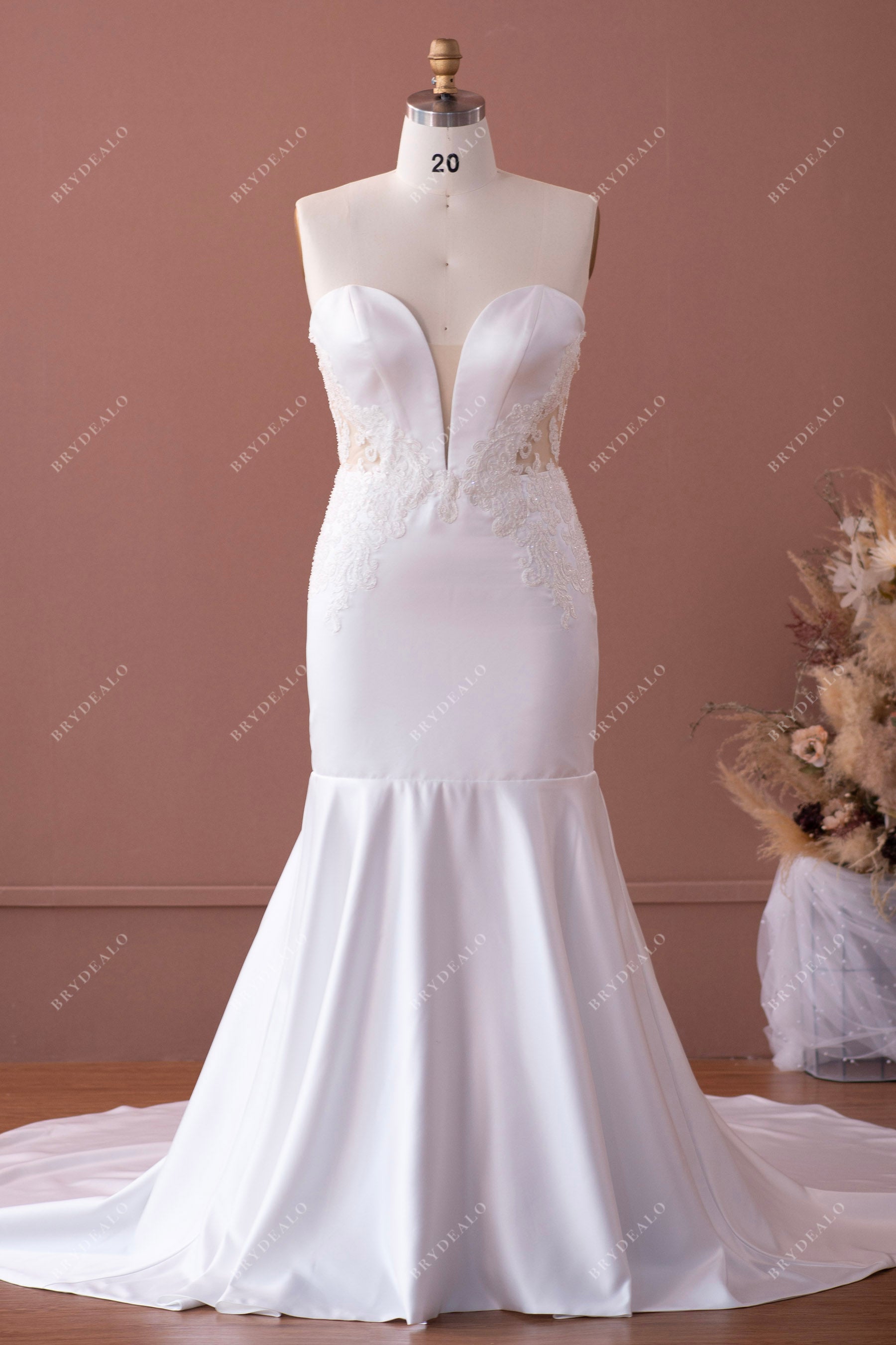 strapless plunging satin lace wedding dress