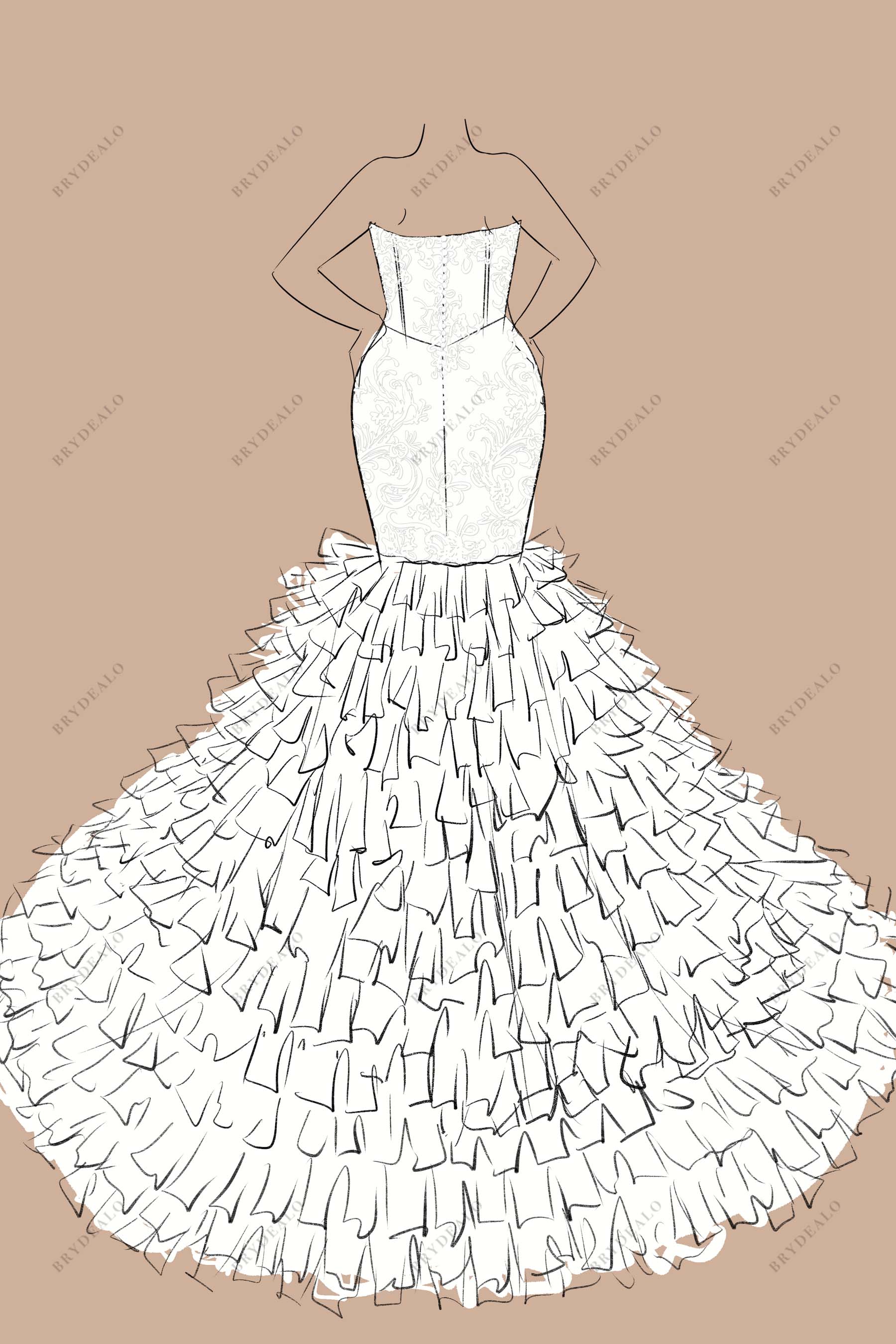 Designer Lace Strapless Ruffled Tulle Trumpet Bridal Dress Sketch