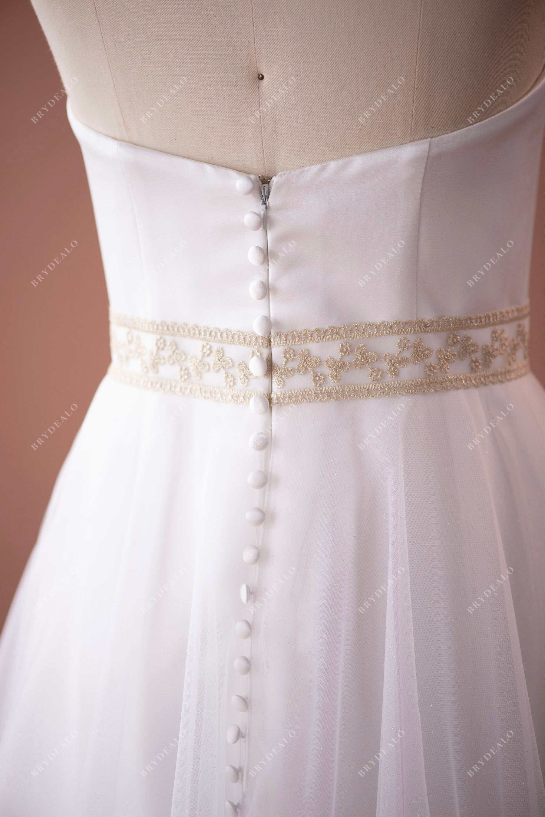 strapless satin champagne belt wedding dress with buttons zipper closure