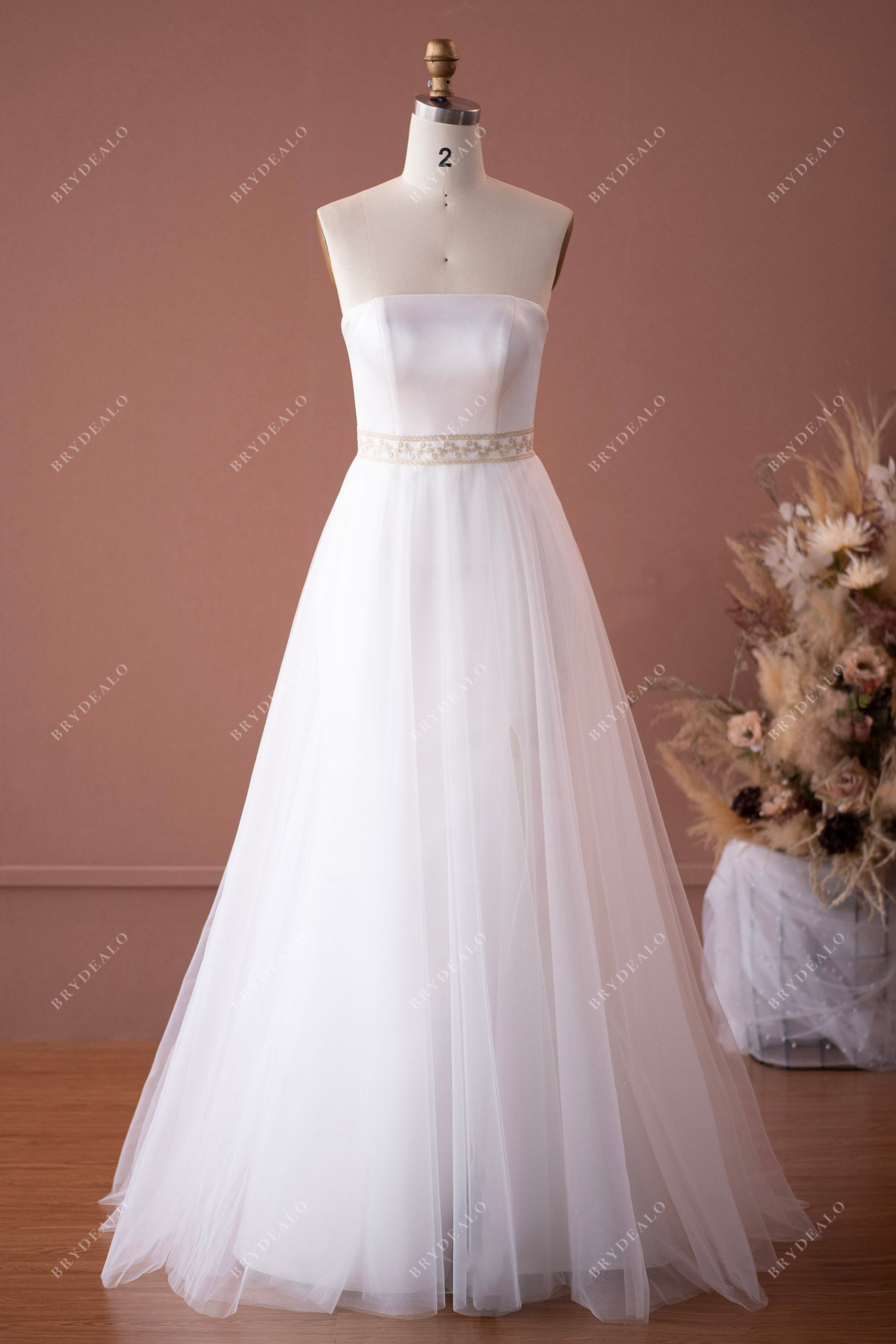 designer strapless straight across neck satin tulle A-line wedding dress 