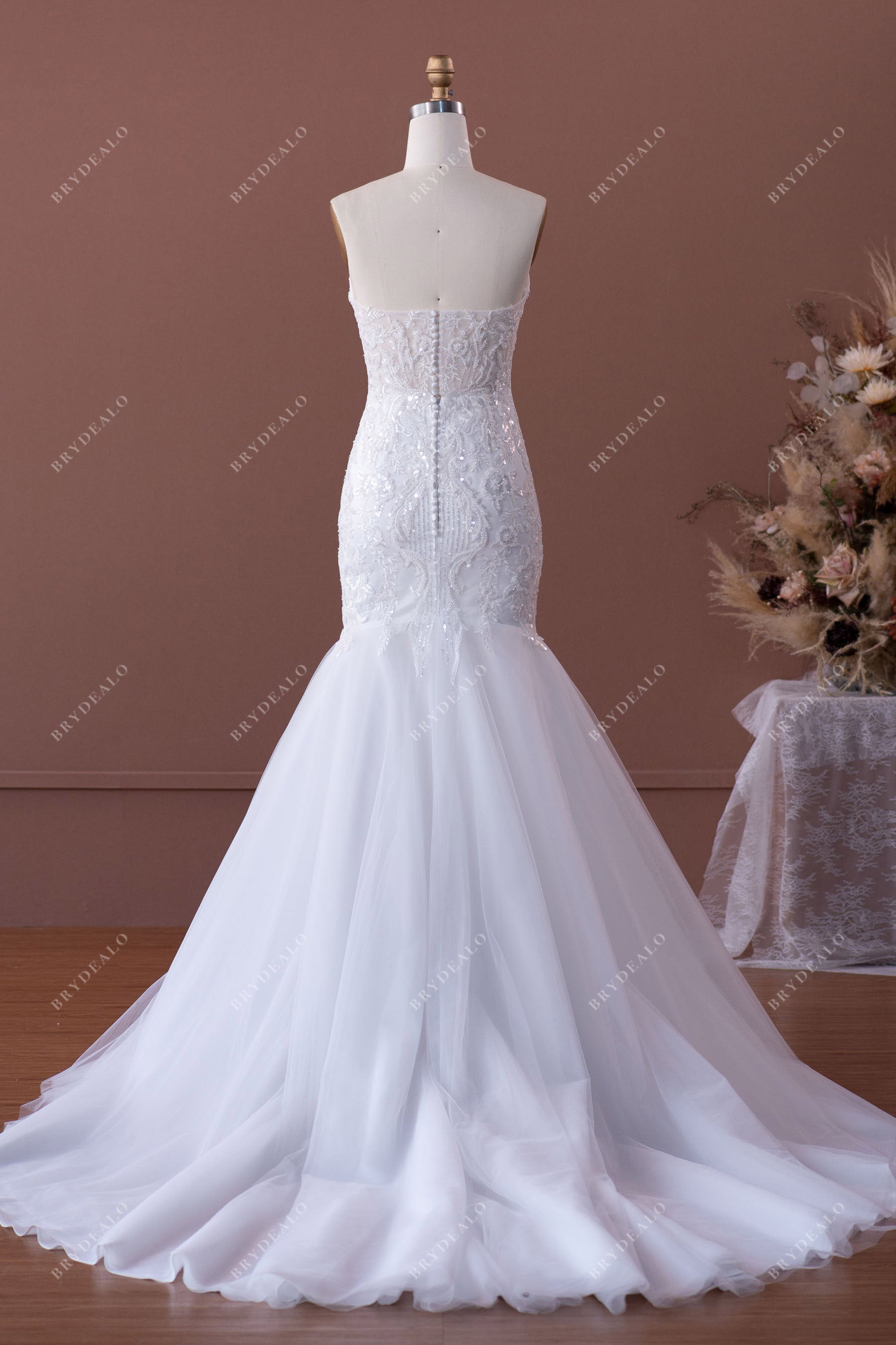 strapless sequined lace mermaid long bridal gown