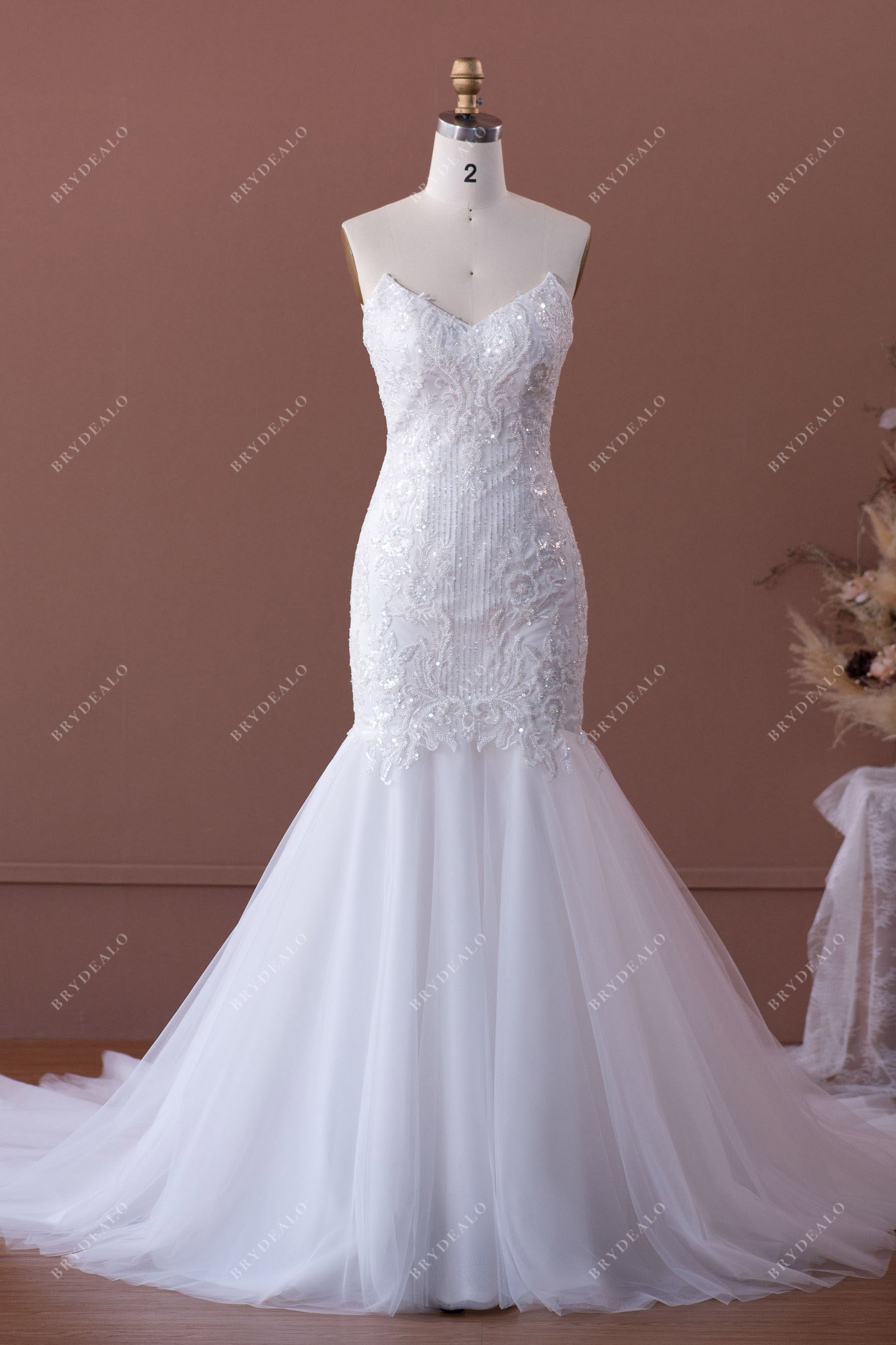 strapless sequined lace mermaid wedding dress