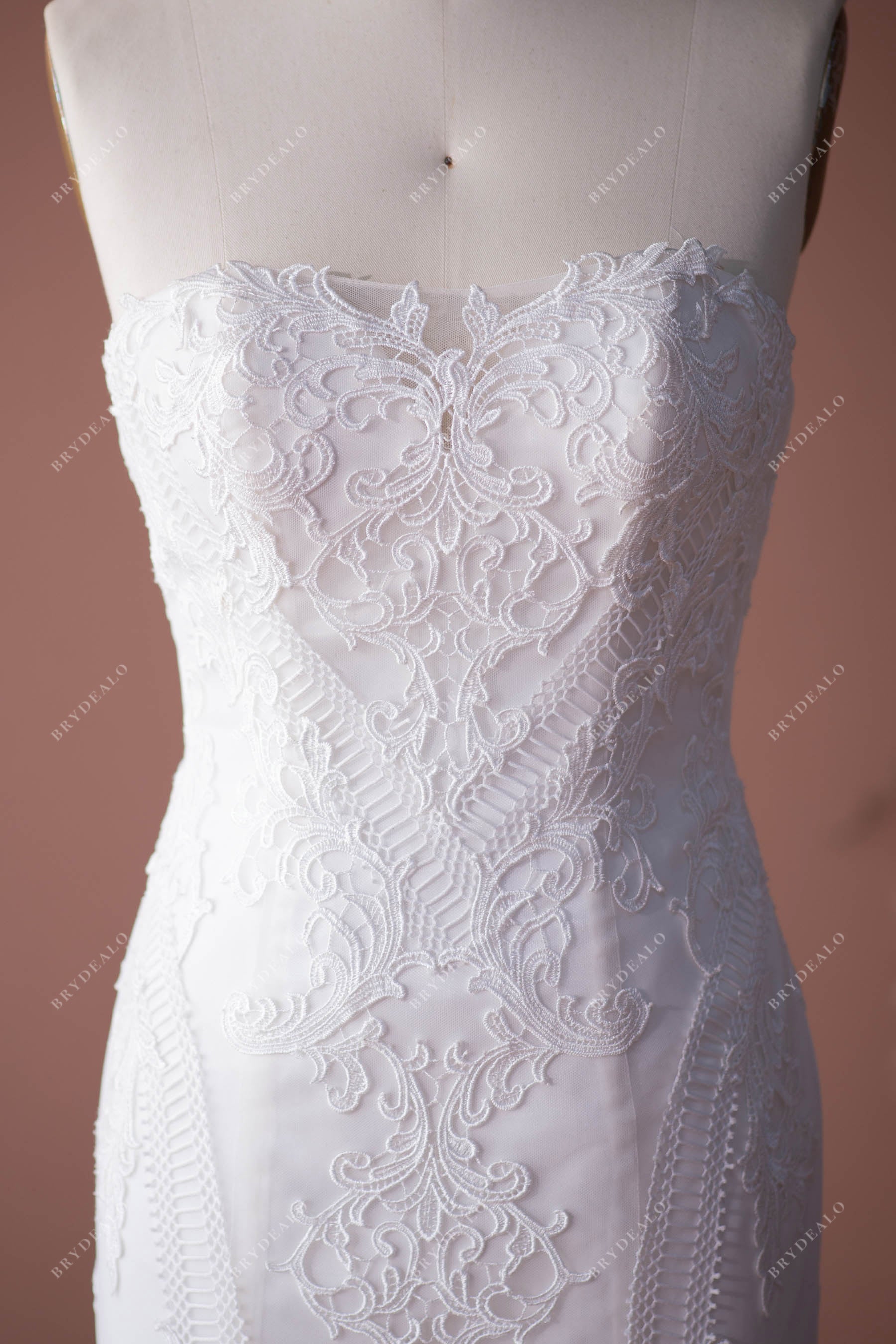 strapless straight neck patterned lace mermaid sample wedding gown