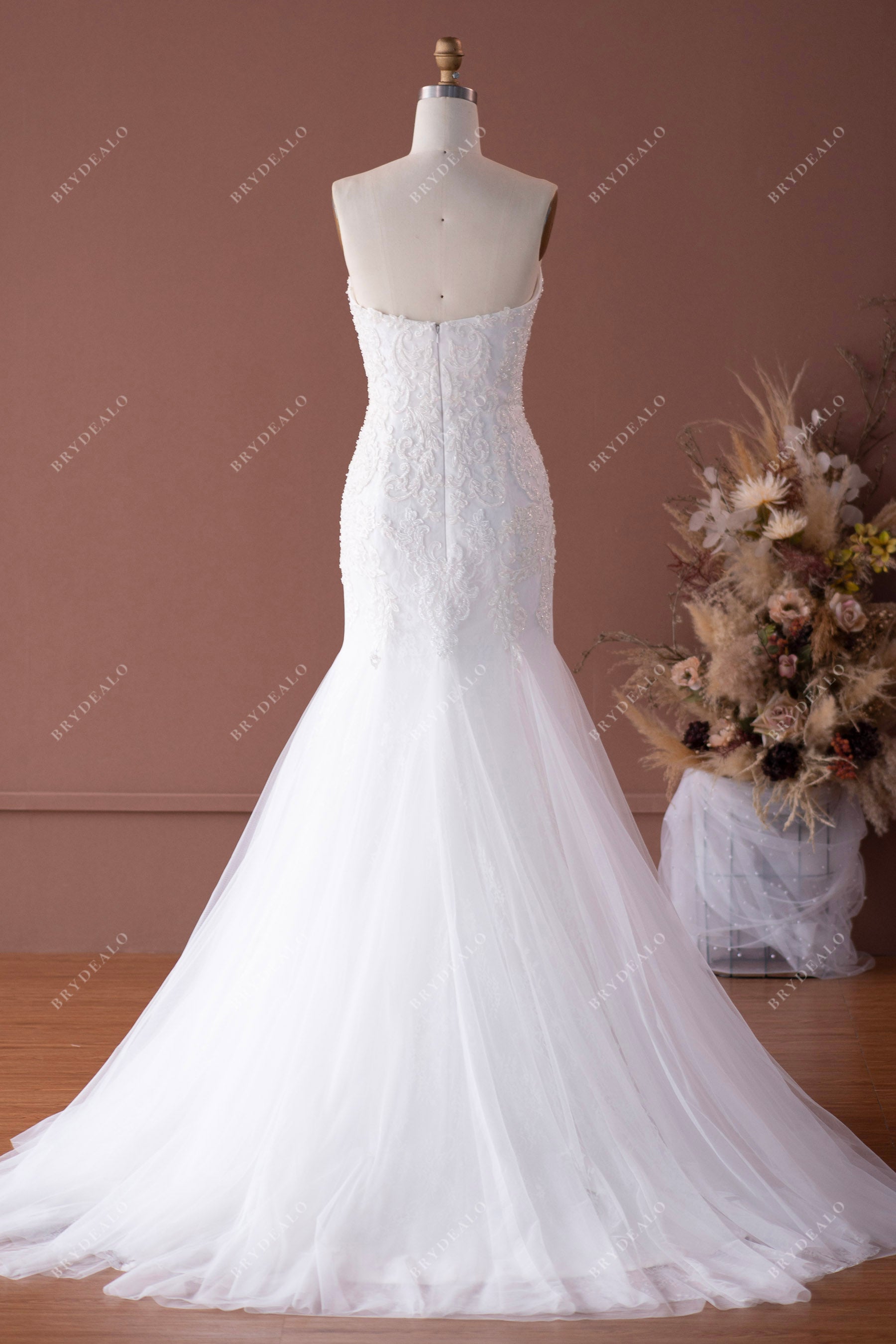 trumpet strapless lace tulle wedding gown