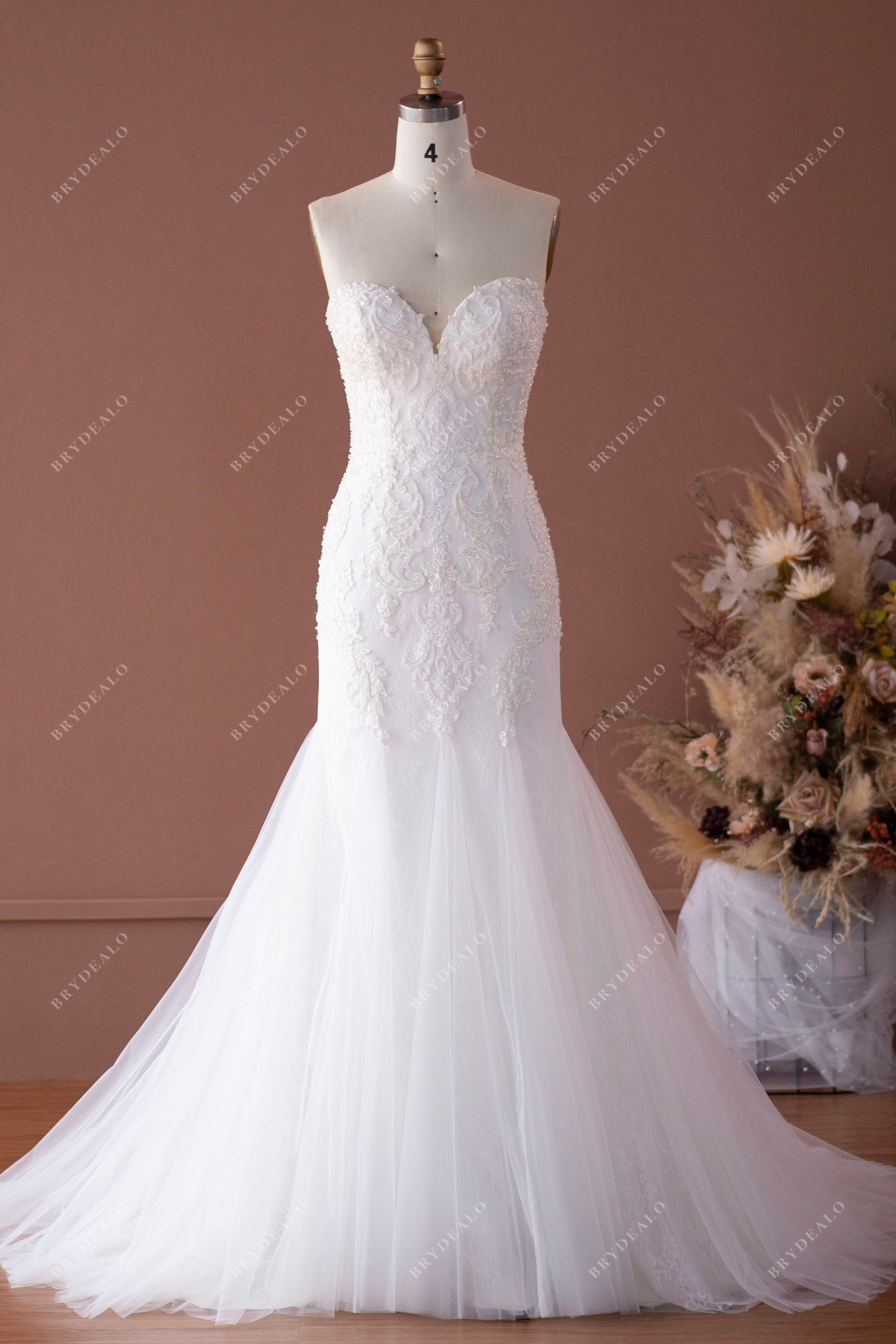 strapless sweetheart beaded lace tulle mermaid wedding dress