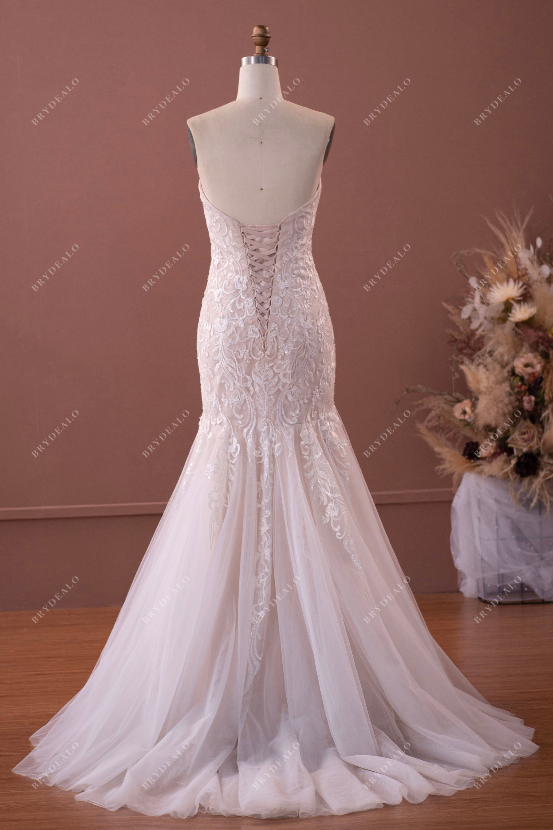strapless sweetheart mermaid wedding dress sample with lace up back