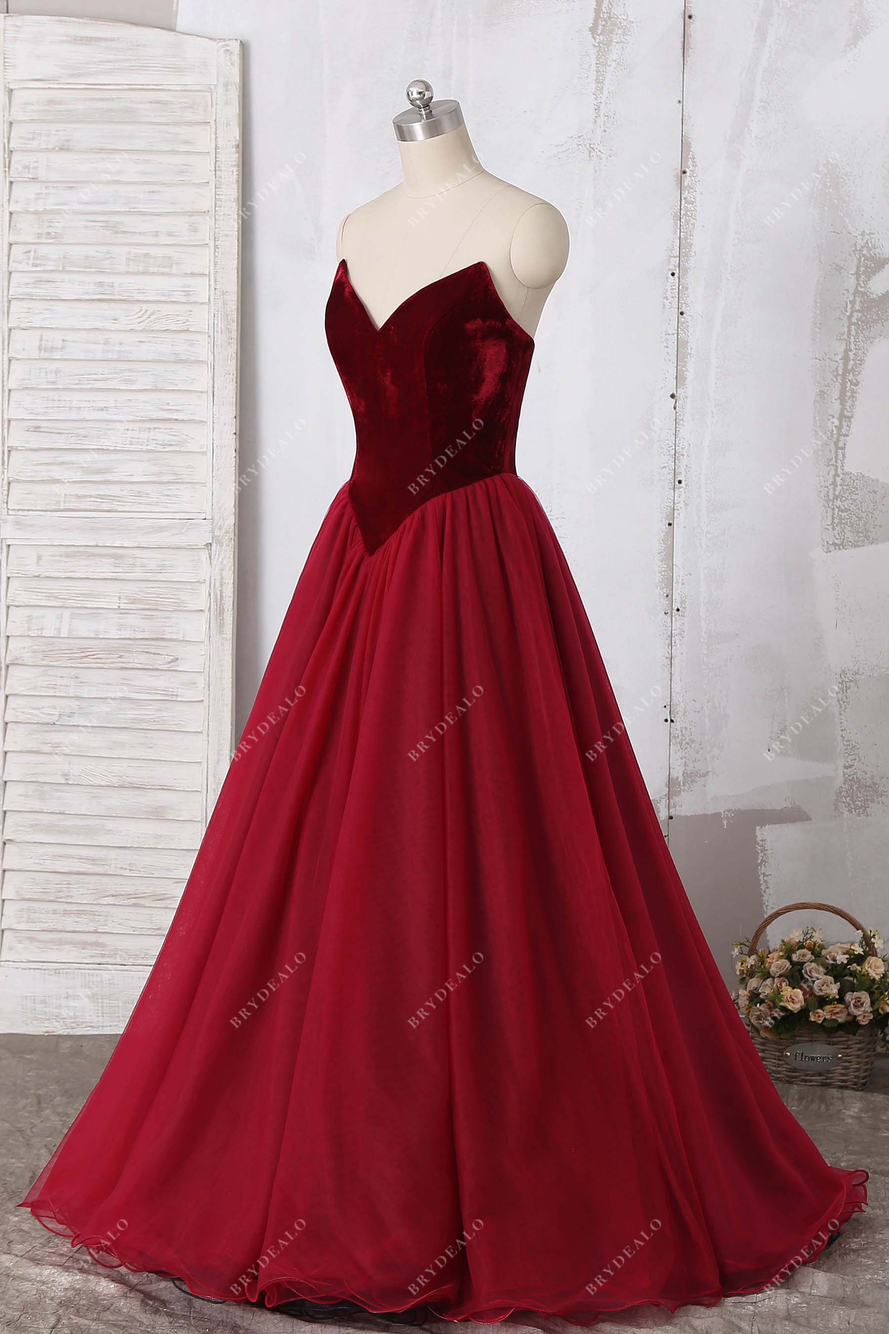 strapless velvet tulle prom dress