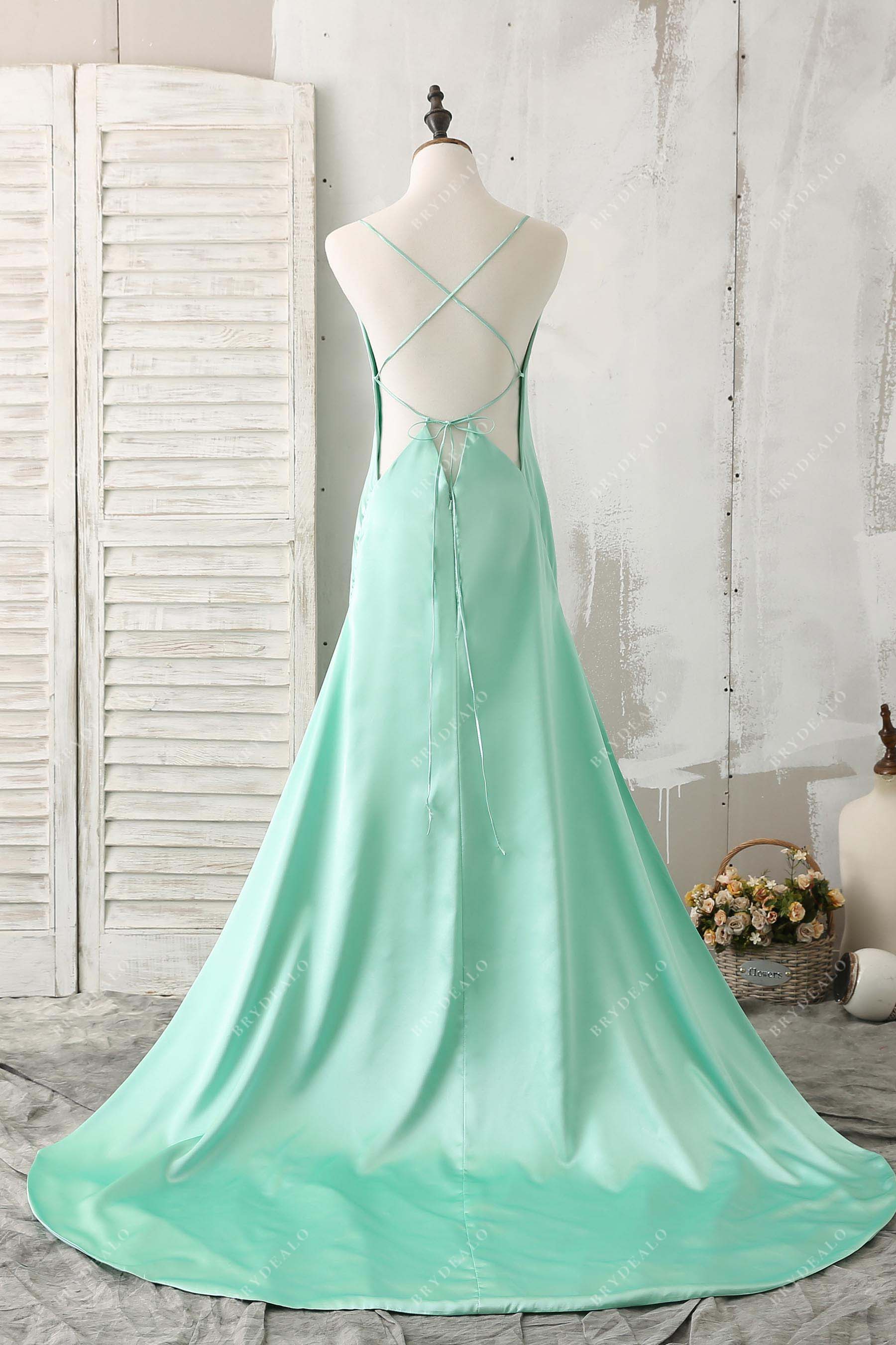 strappy back court train prom gown