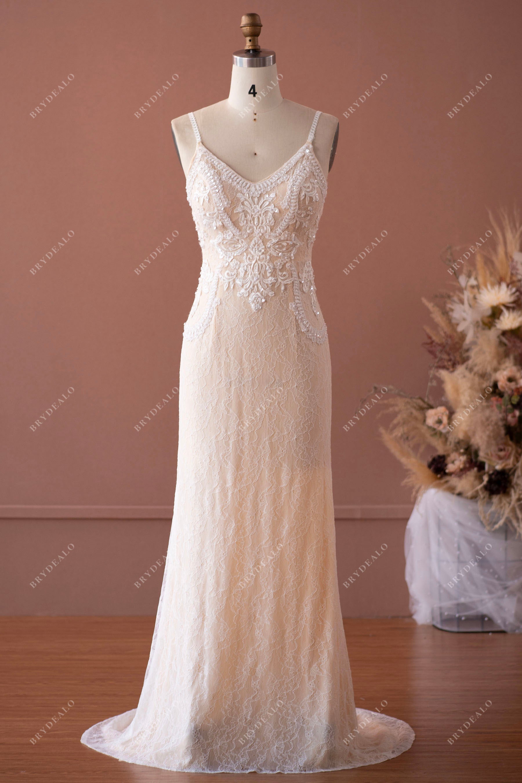 straps beaded lace fit flare wedding dress