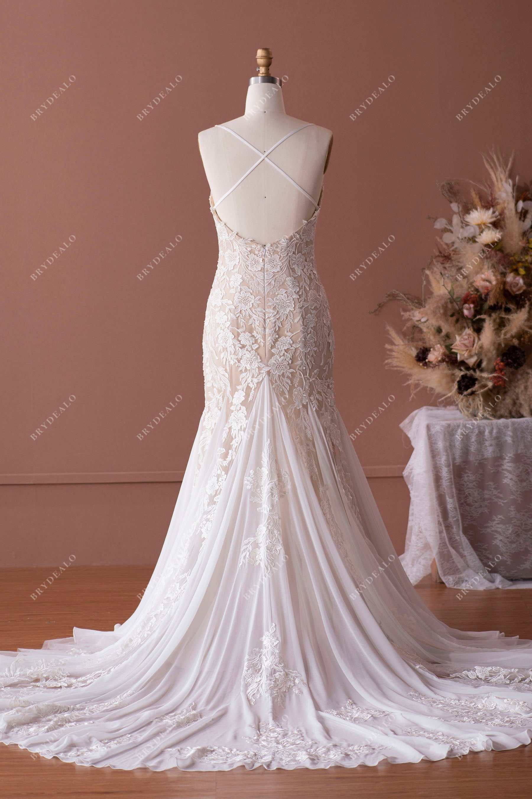 straps criss cross flower lace chiffon godet mermaid bridal dress