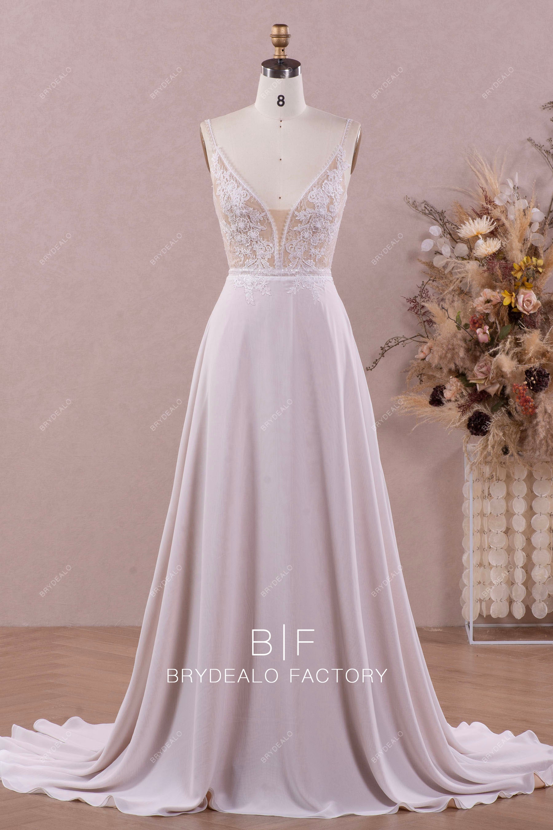 straps flower lace chiffon Aline wedding dress