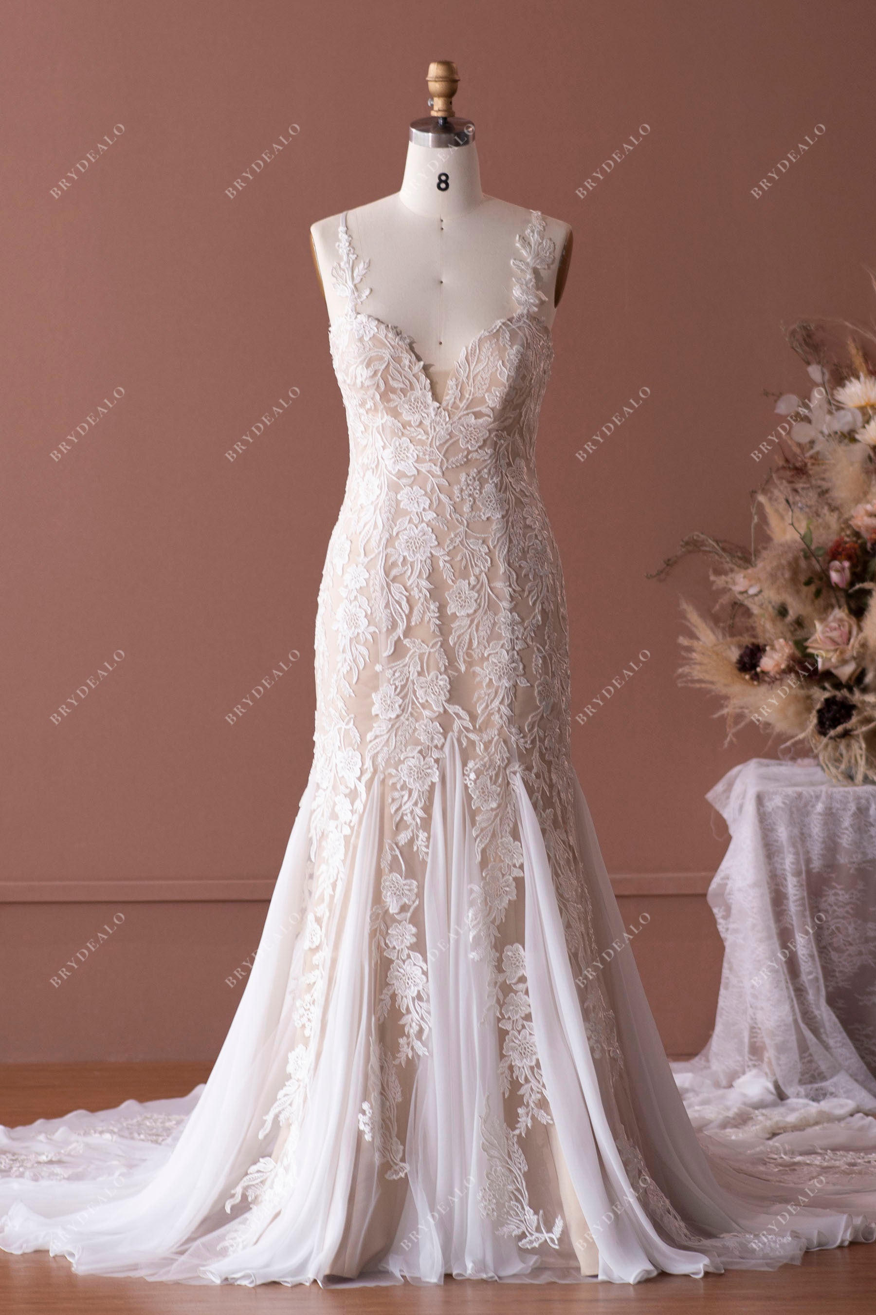 Spaghetti Strap Lace Long Fishtail Godet Wedding Dress