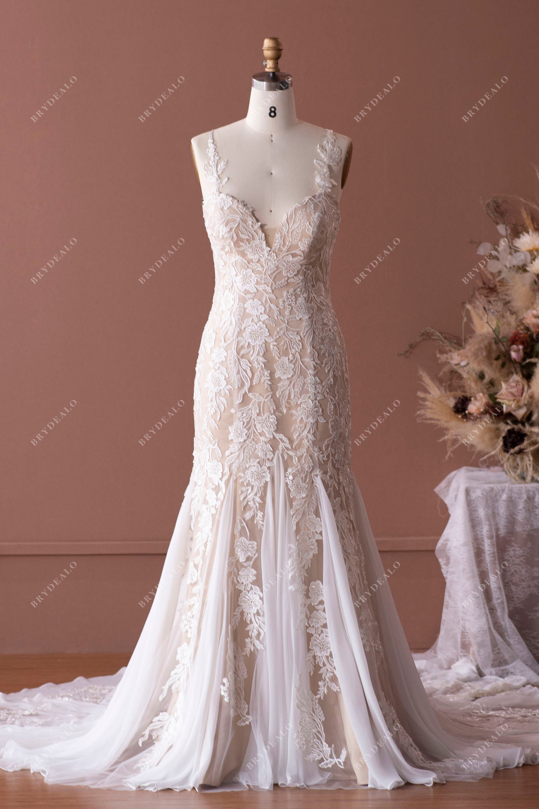 straps flower lace chiffon godet mermaid wedding dress sample sale
